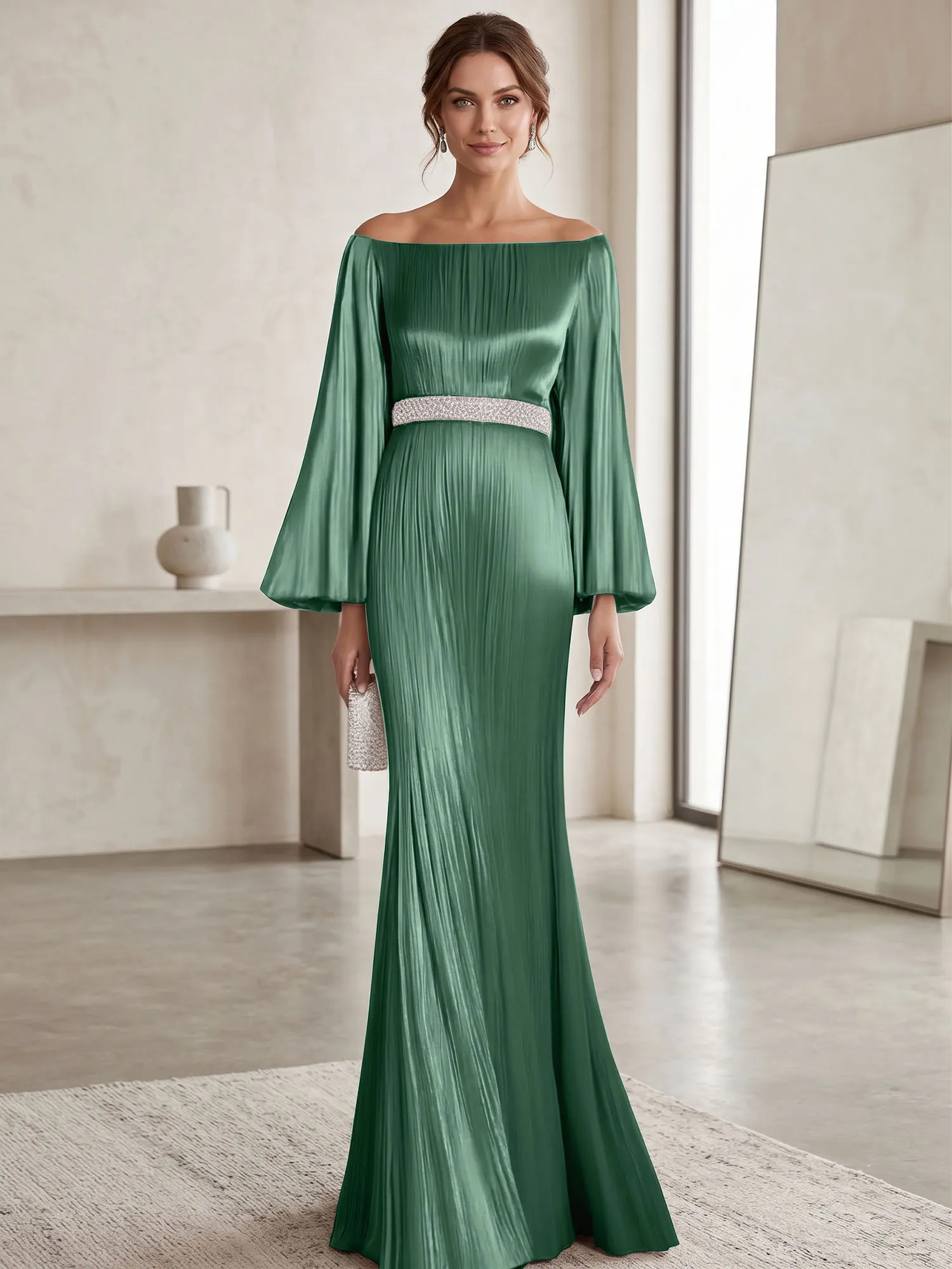 Off-the-Shoulder Pleated Satin Evening Gown with Beaded Waistband