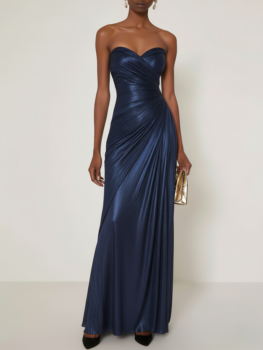 Evening Formal Dress V Neck Silk Ruffles Strapless Maxi Dress