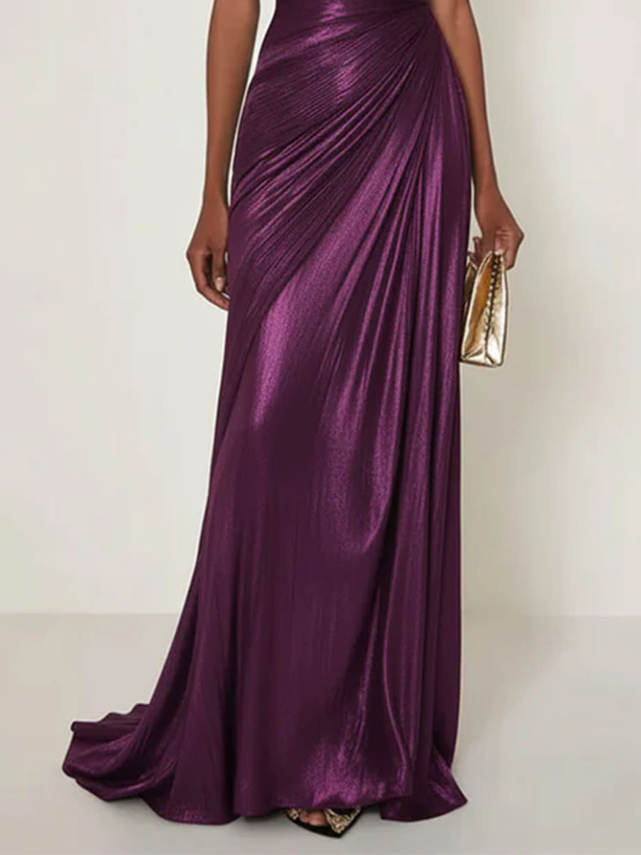 Evening Formal Dress V Neck Silk Ruffles Strapless Maxi Dress