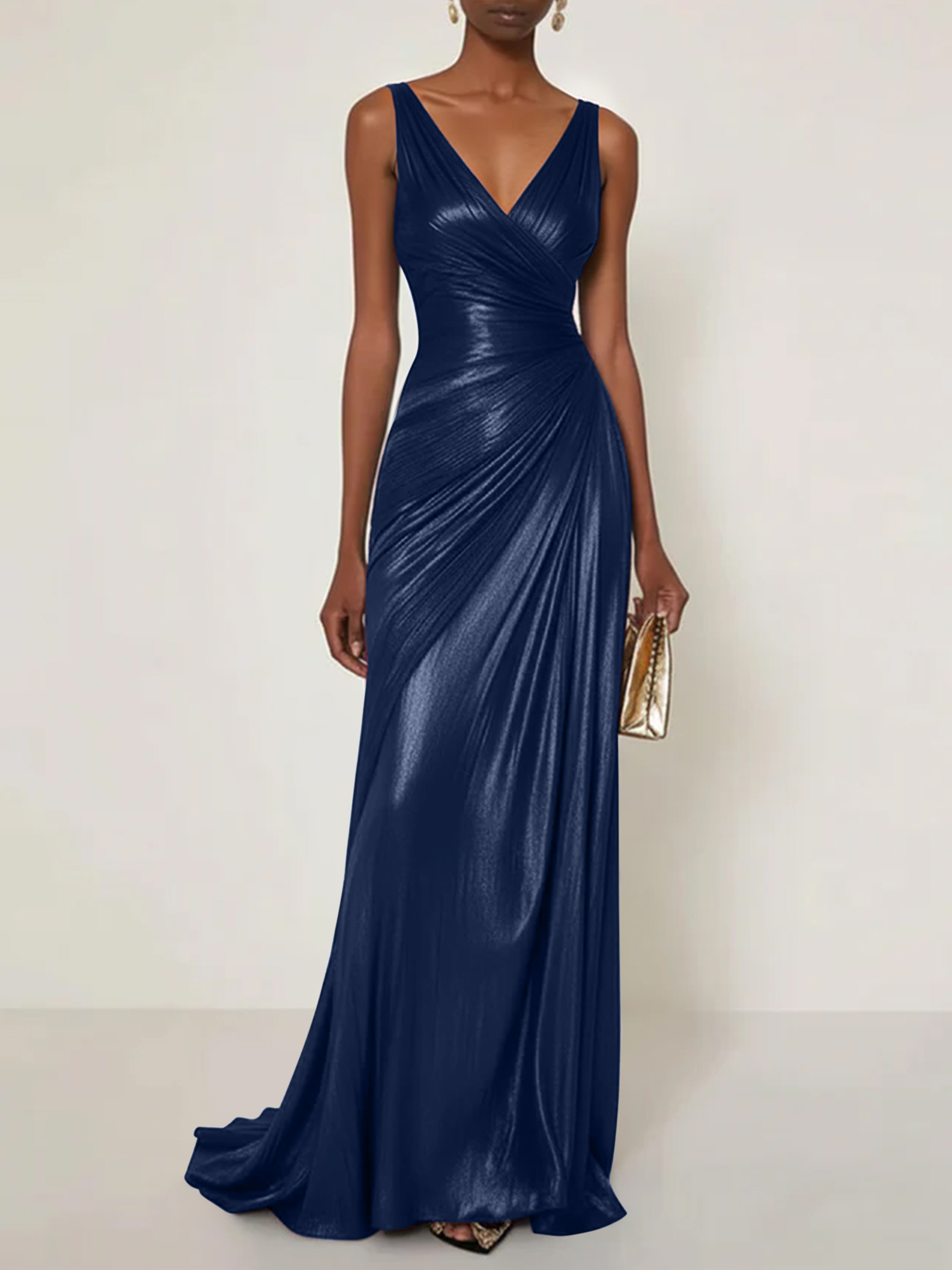 Evening Formal Dress V Neck Silk Ruffles Maxi Dress Gown