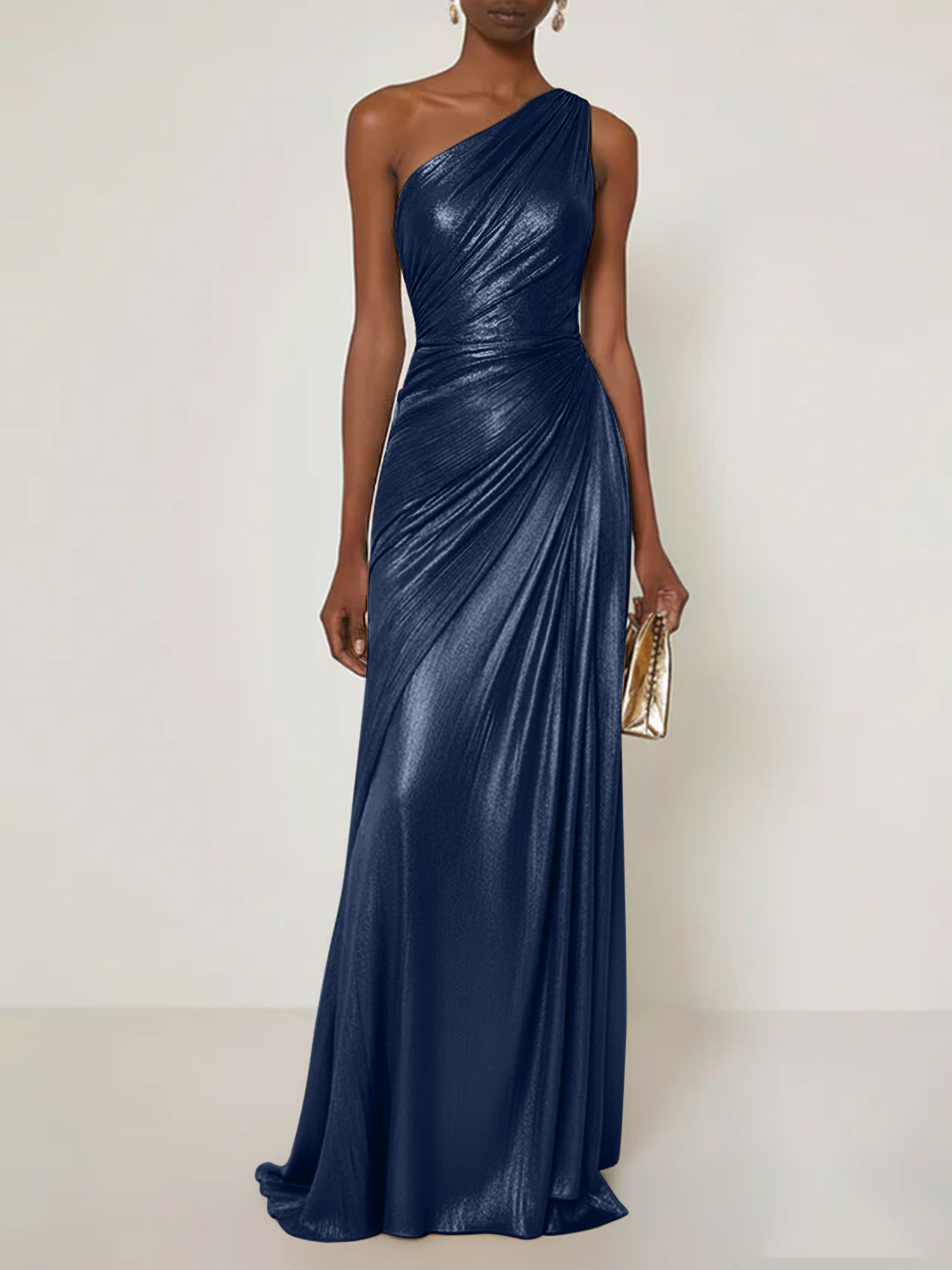 Evening Formal Dress V Neck One Shoulder Silk Ruffles Maxi Dress