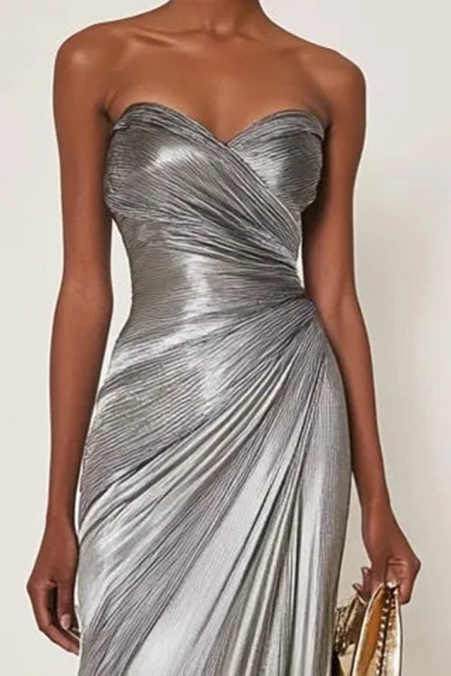 Evening Formal Dress V Neck Silk Ruffles Strapless Maxi Dress