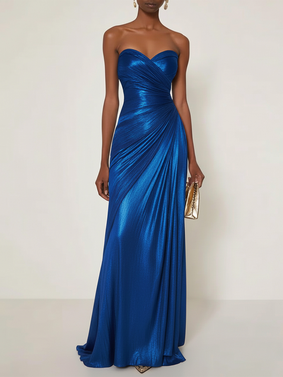 Evening Formal Dress V Neck Silk Ruffles Strapless Maxi Dress