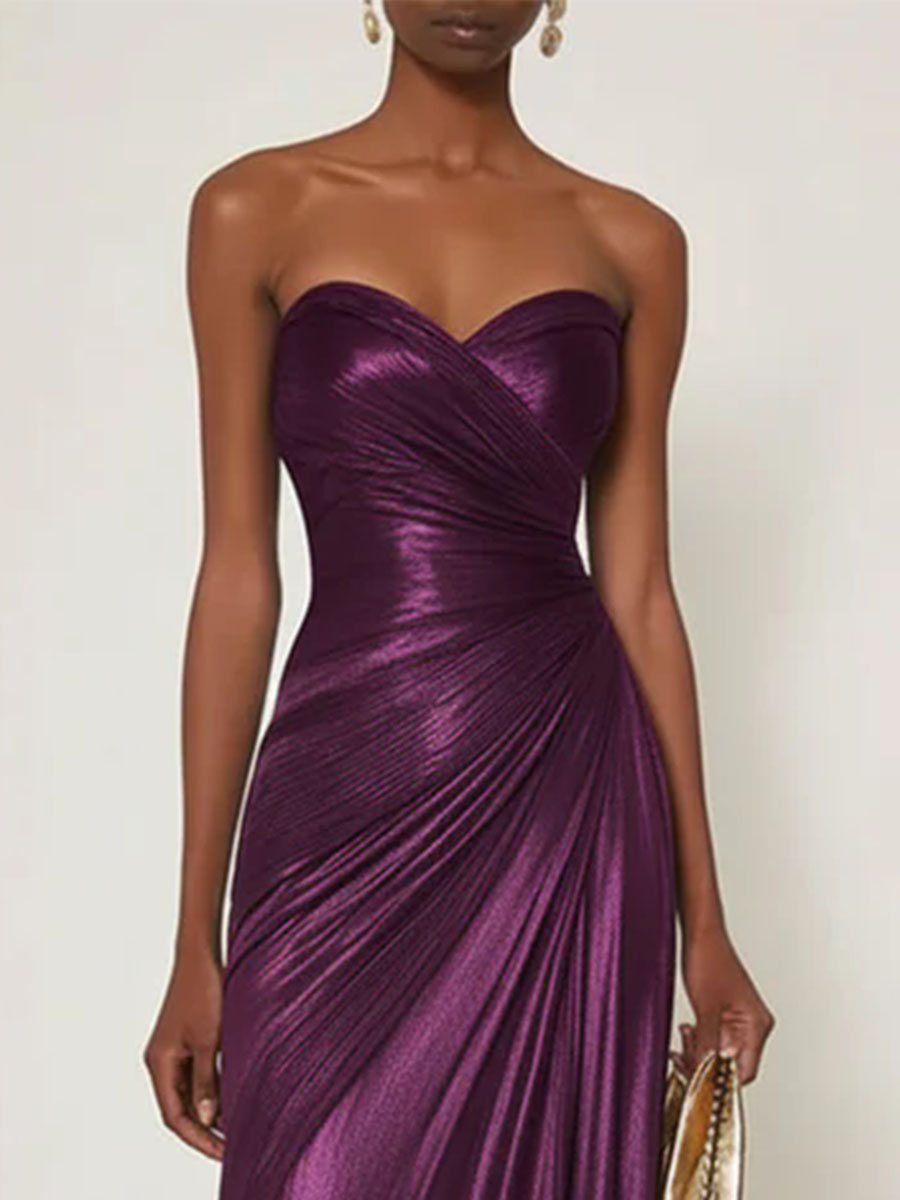 Evening Formal Dress V Neck Silk Ruffles Strapless Maxi Dress