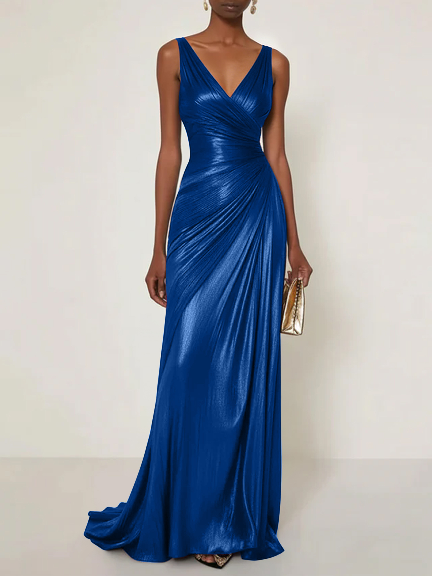 Evening Formal Dress V Neck Silk Ruffles Maxi Dress Gown