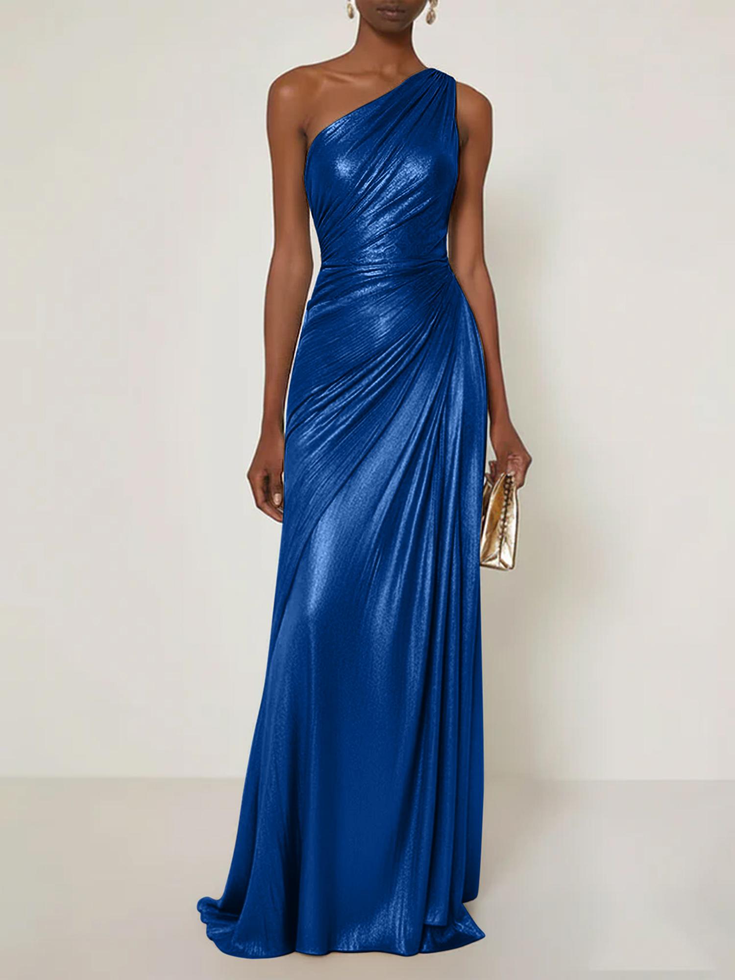 Evening Formal Dress V Neck One Shoulder Silk Ruffles Maxi Dress