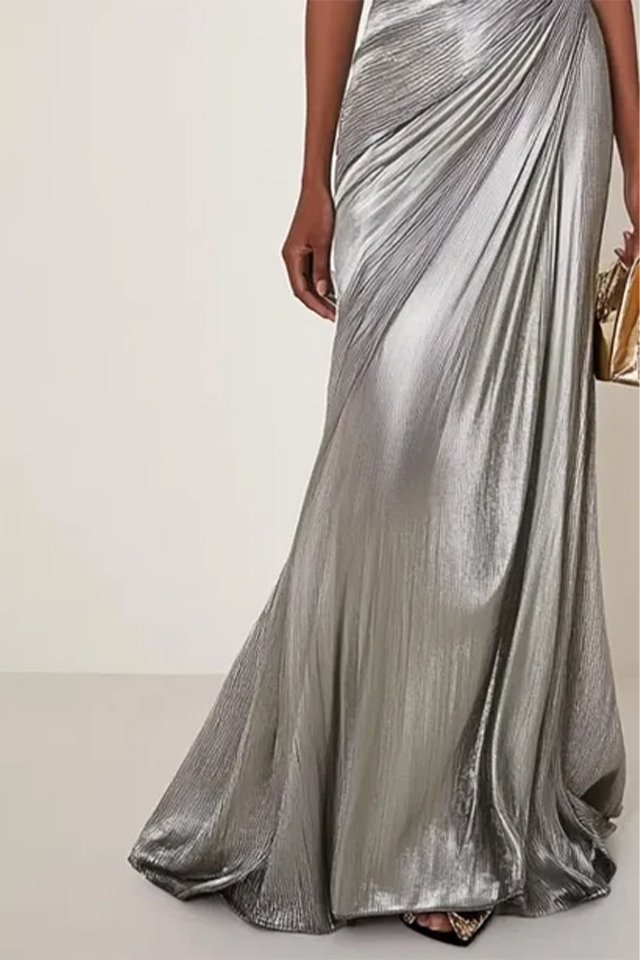 Evening Formal Dress V Neck Silk Ruffles Strapless Maxi Dress