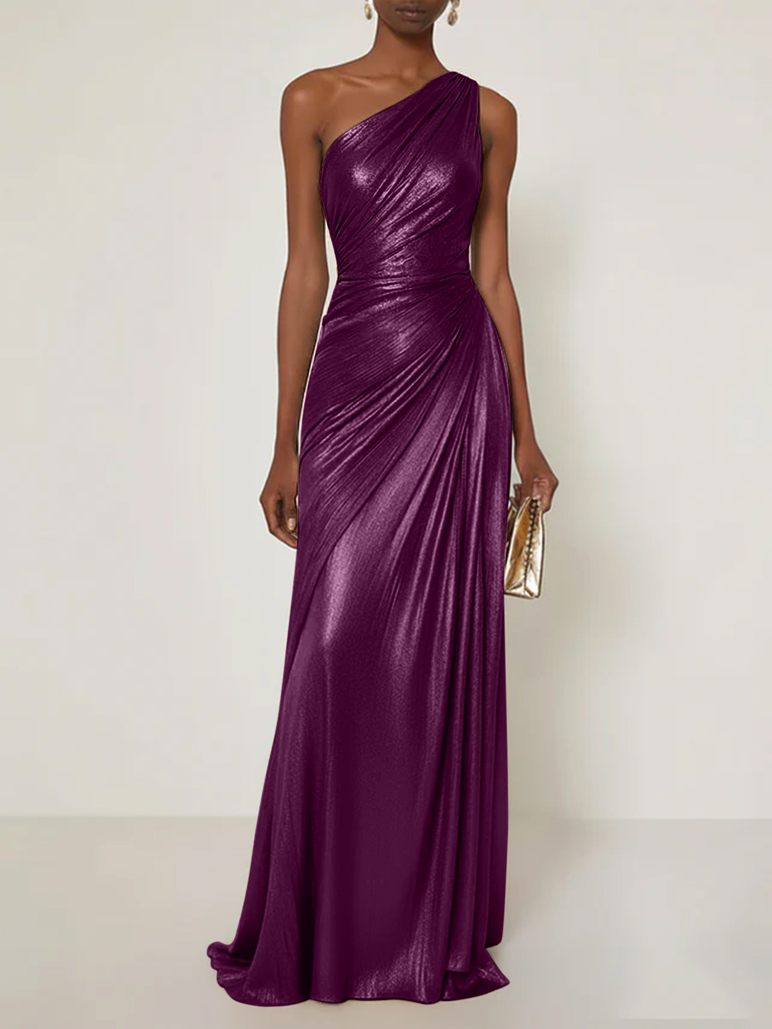 Evening Formal Dress V Neck One Shoulder Silk Ruffles Maxi Dress