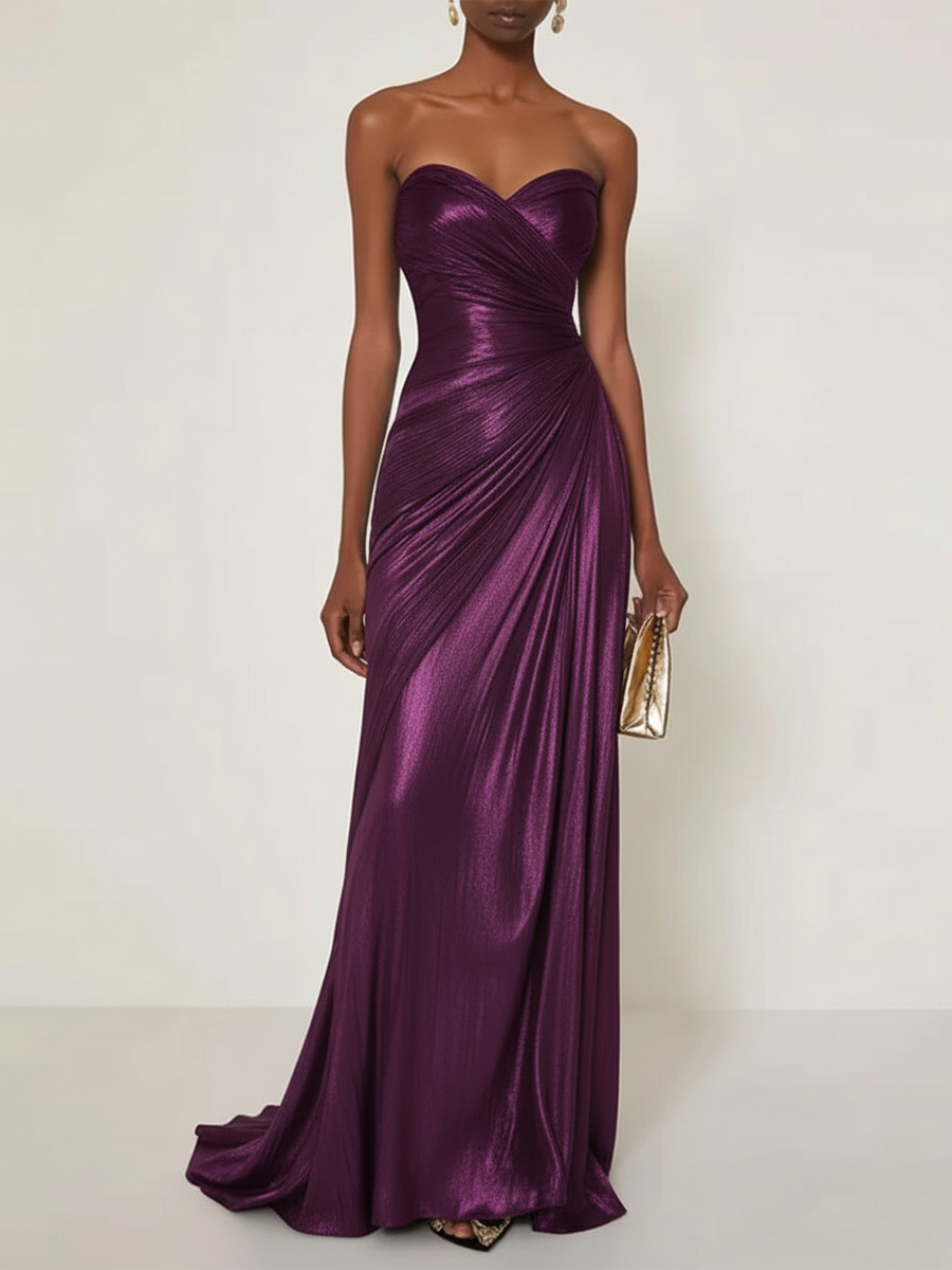 Evening Formal Dress V Neck Silk Ruffles Strapless Maxi Dress