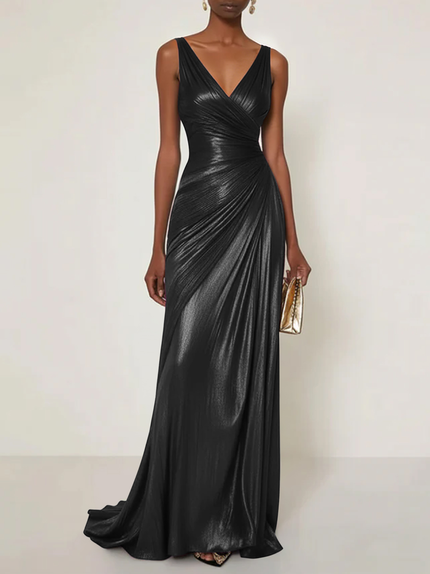 Evening Formal Dress V Neck Silk Ruffles Maxi Dress Gown