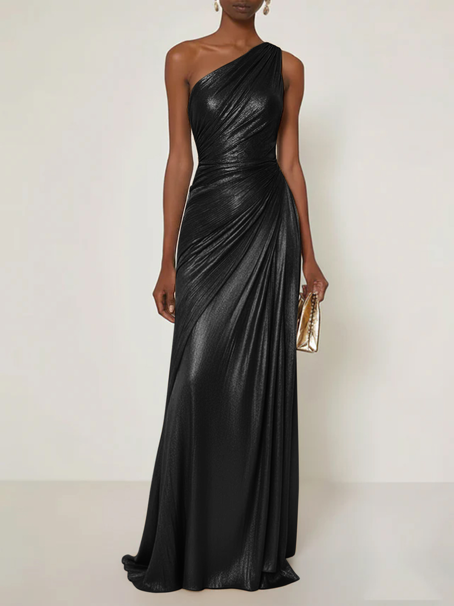 Evening Formal Dress V Neck One Shoulder Silk Ruffles Maxi Dress