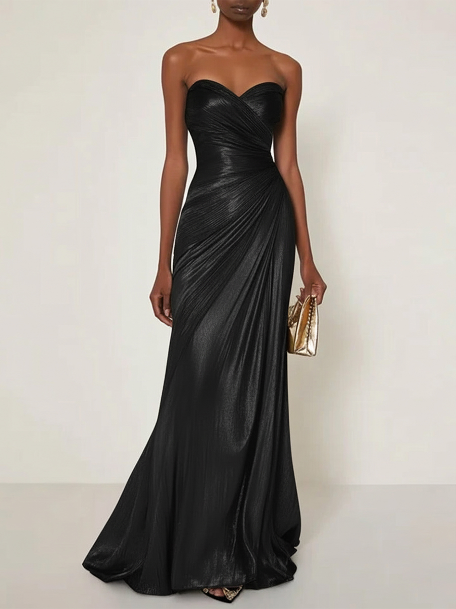Evening Formal Dress V Neck Silk Ruffles Strapless Maxi Dress