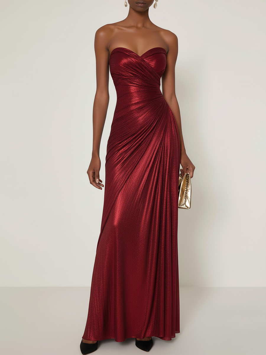 Evening Formal Dress V Neck Silk Ruffles Strapless Maxi Dress