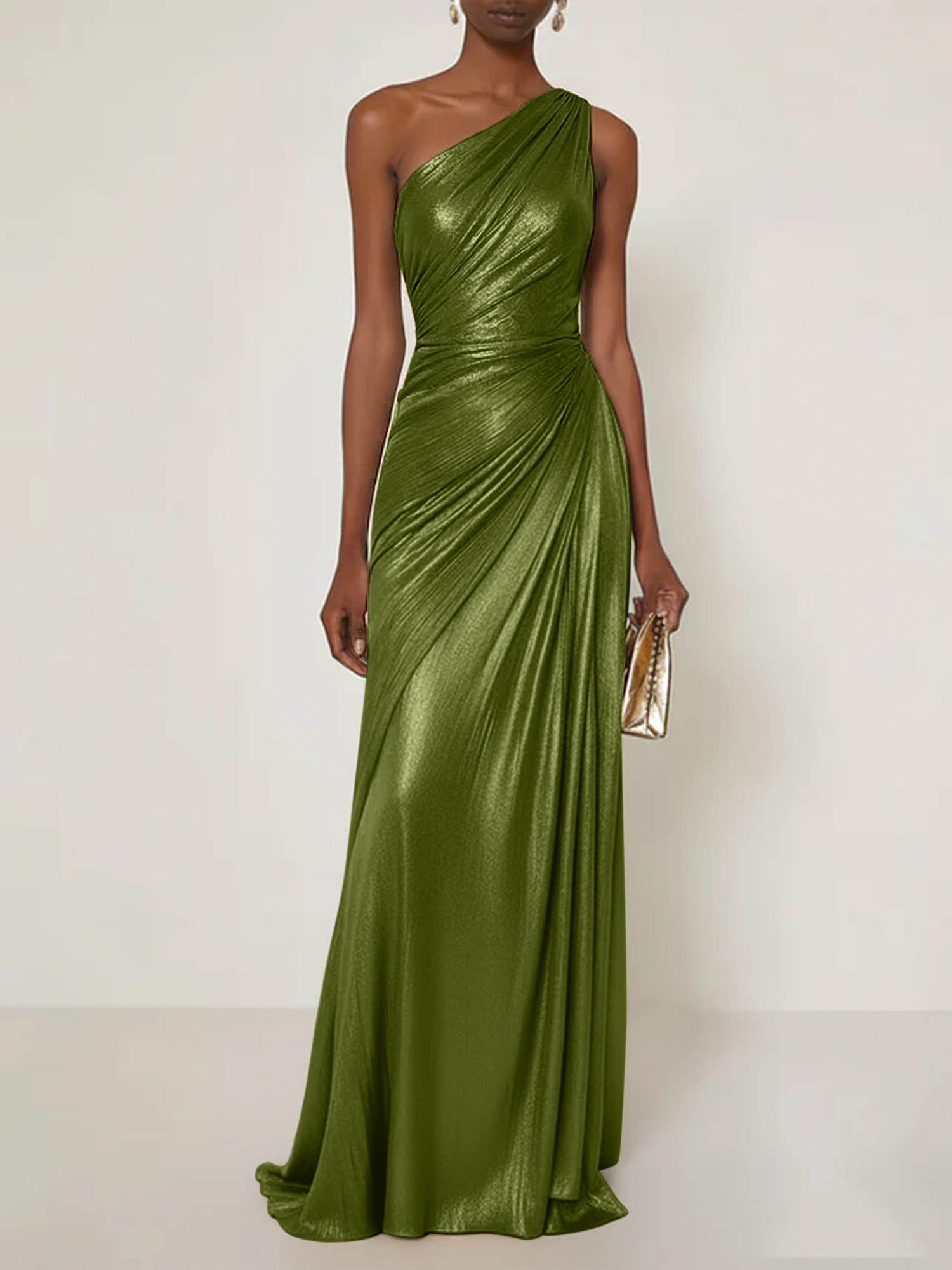 Evening Formal Dress V Neck One Shoulder Silk Ruffles Maxi Dress