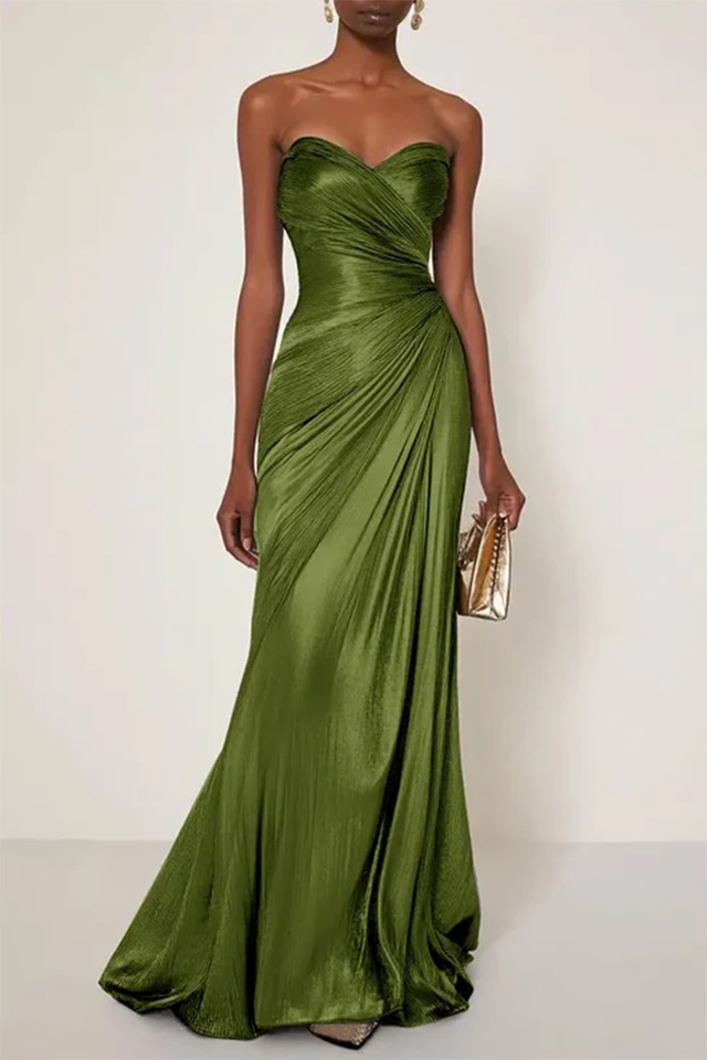 Evening Formal Dress V Neck Silk Ruffles Strapless Maxi Dress