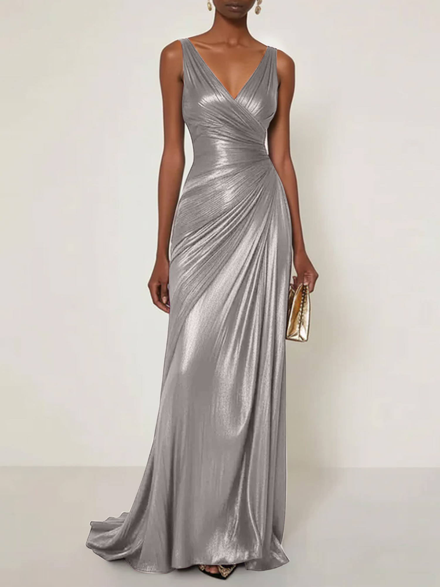 Evening Formal Dress V Neck Silk Ruffles Maxi Dress Gown