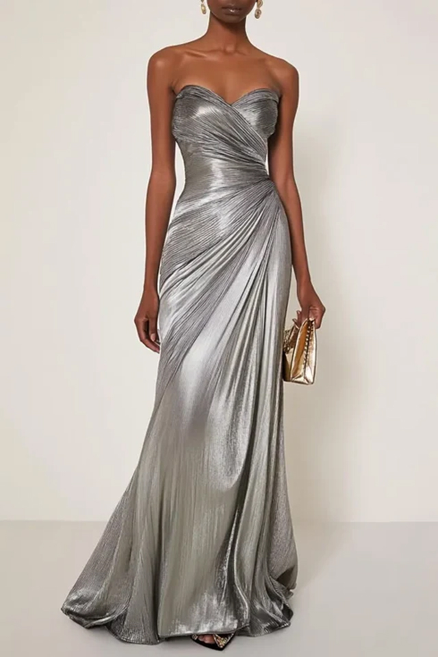 Evening Formal Dress V Neck Silk Ruffles Strapless Maxi Dress