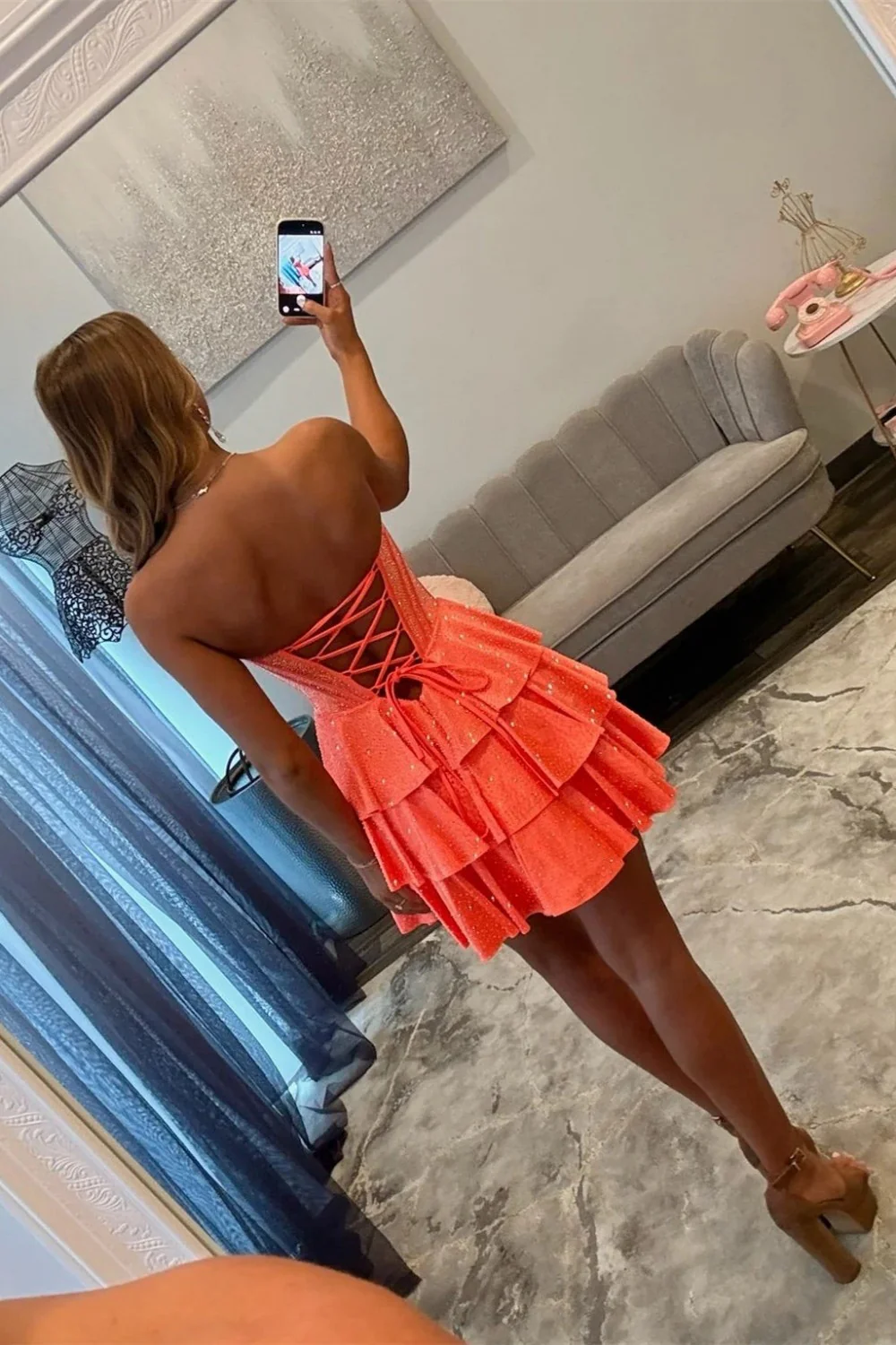 Glitter Orange Corset Tiered Strapless A-Line Homecoming Dresses 