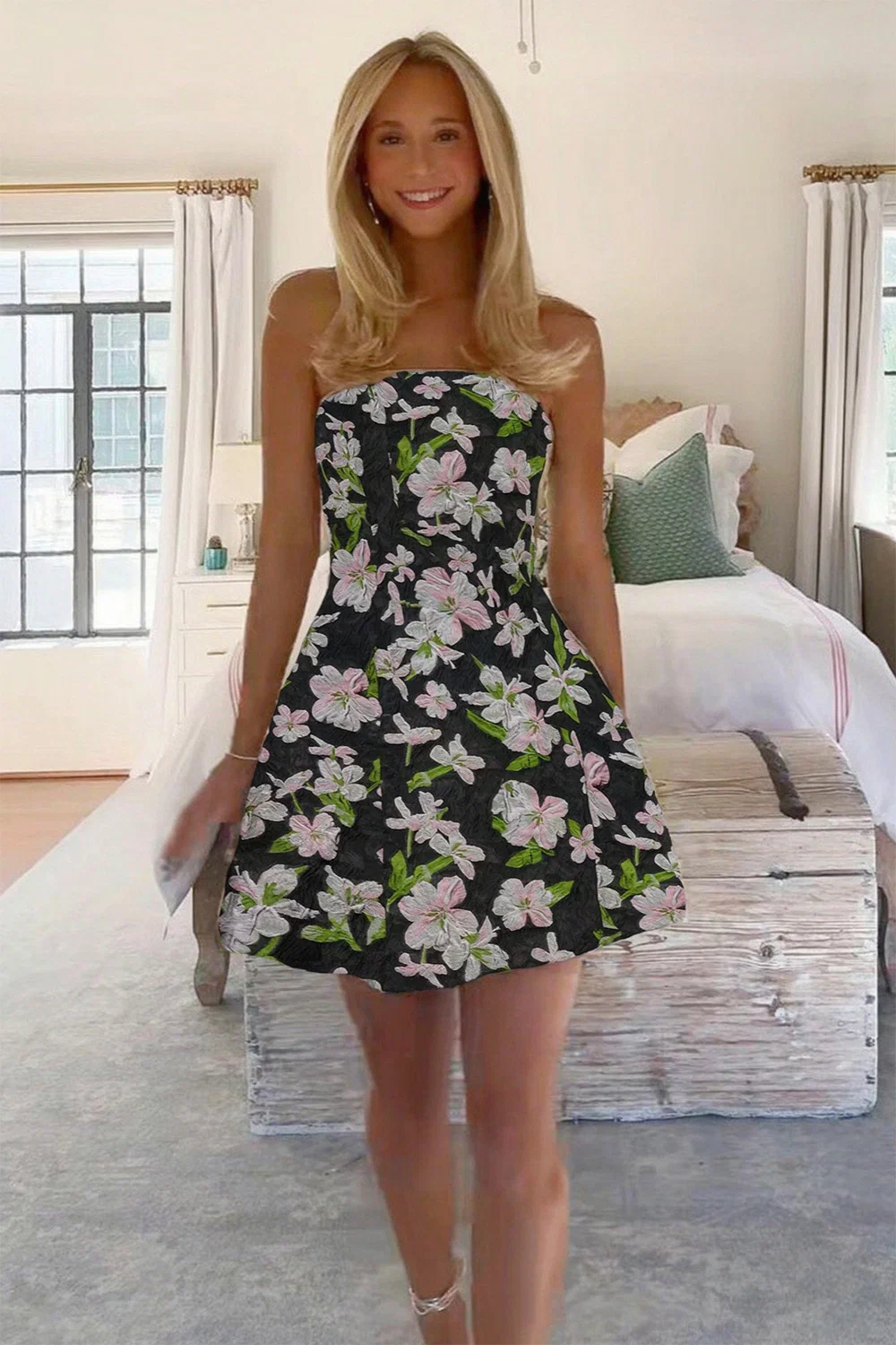 Light Green Floral Jacquard Strapless A-Line Homecoming Dress