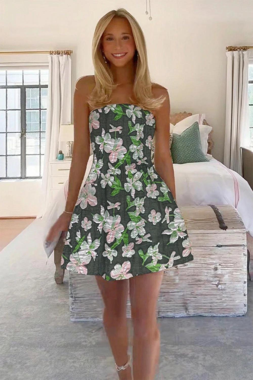 Light Green Floral Jacquard Strapless A-Line Homecoming Dress