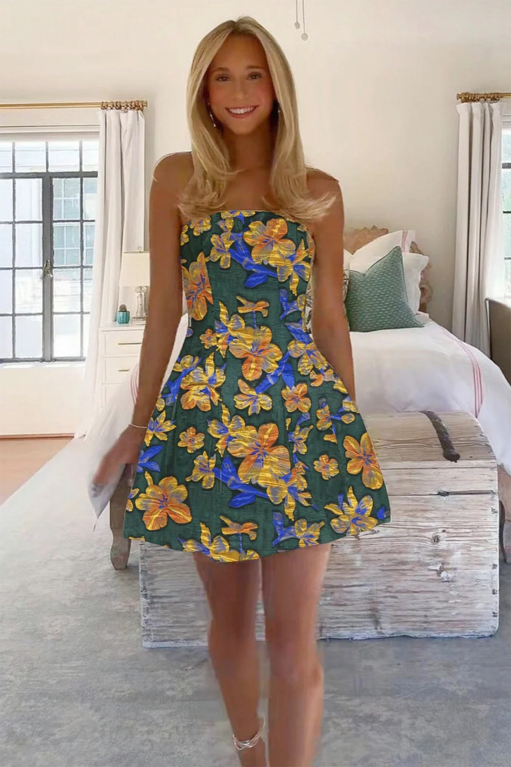 Light Green Floral Jacquard Strapless A-Line Homecoming Dress