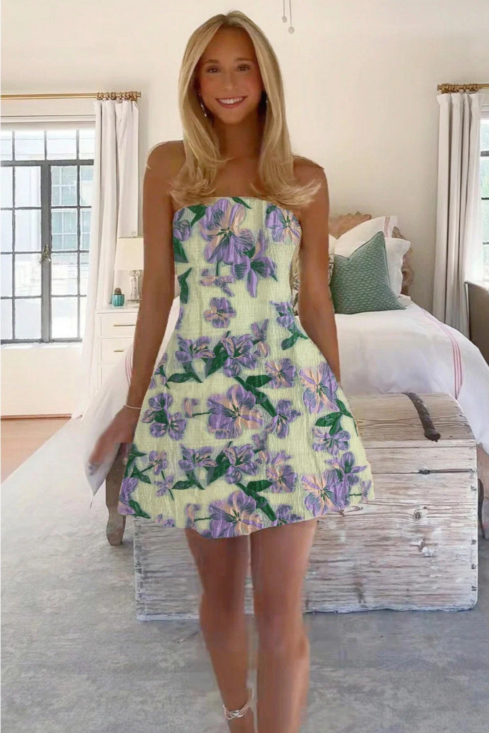 Light Green Floral Jacquard Strapless A-Line Homecoming Dress