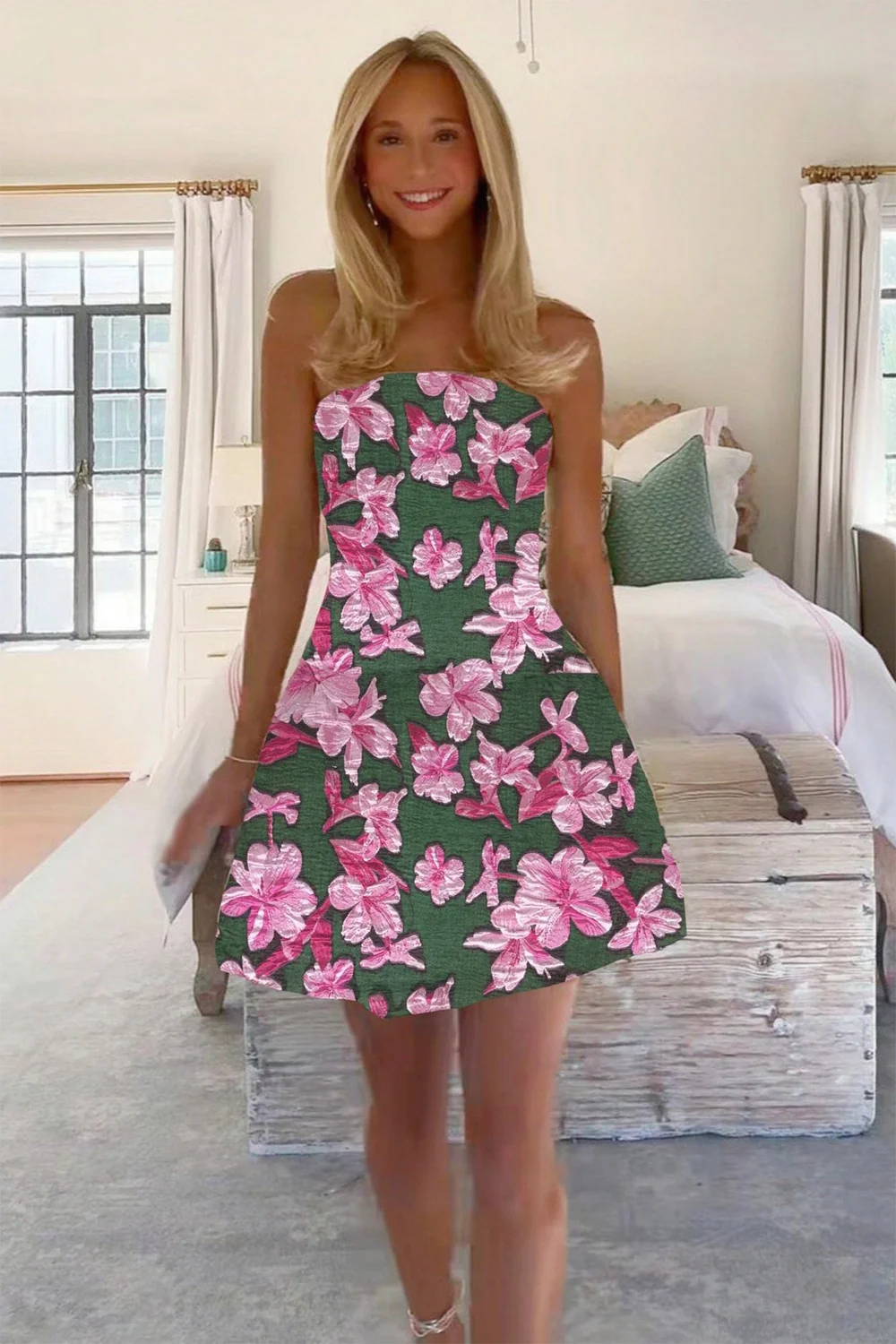 Light Green Floral Jacquard Strapless A-Line Homecoming Dress