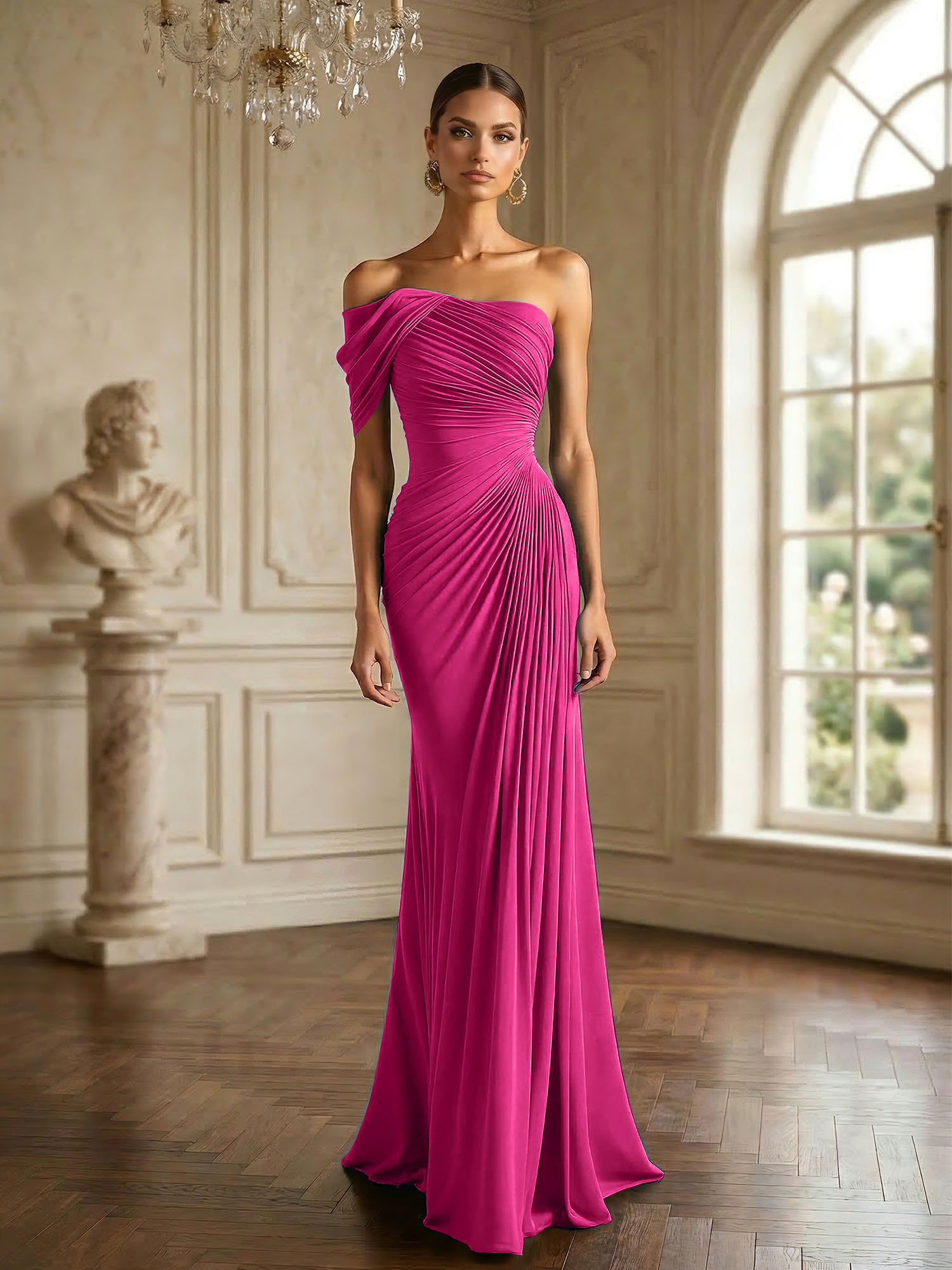 One Shoulder Pleat Mermaid Chiffon Evening Dresses for Women Gown