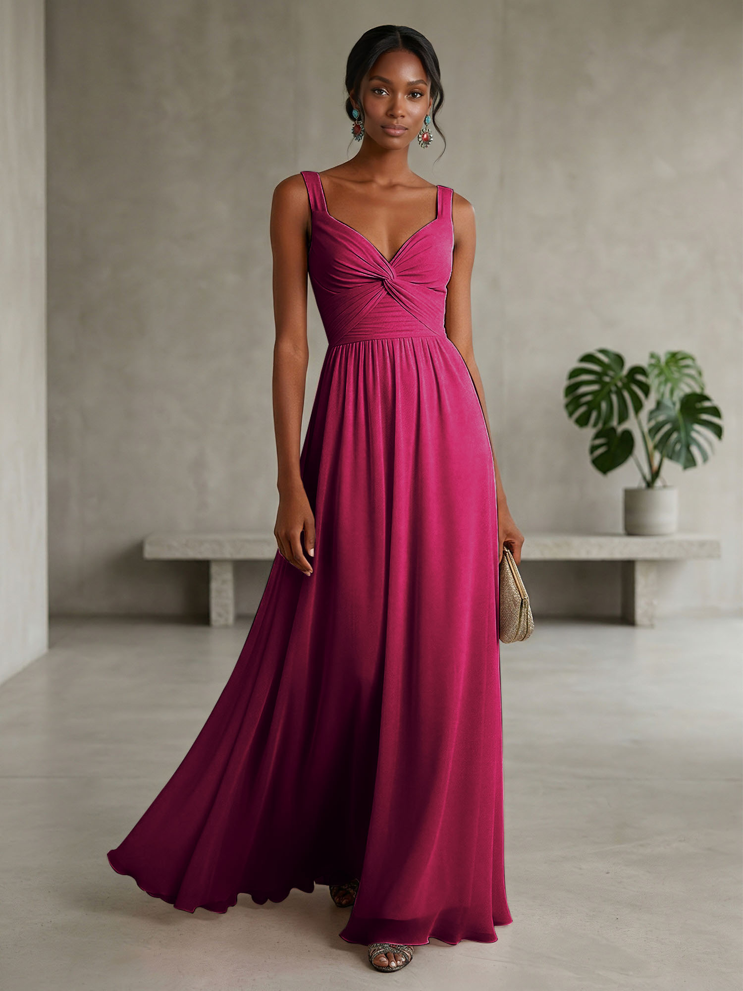 Elegant Soft Blush Twist-Front Chiffon Maxi Gown