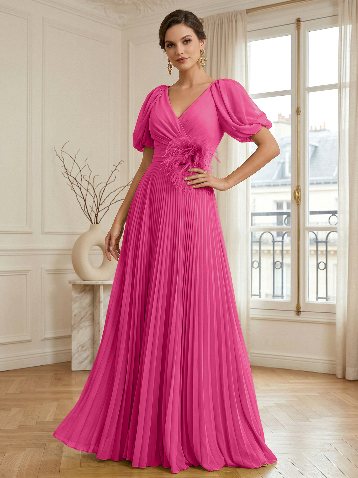 A-Line Chiffon Evening Gown with Feather V-Neck Short Sleeves Formal Dress