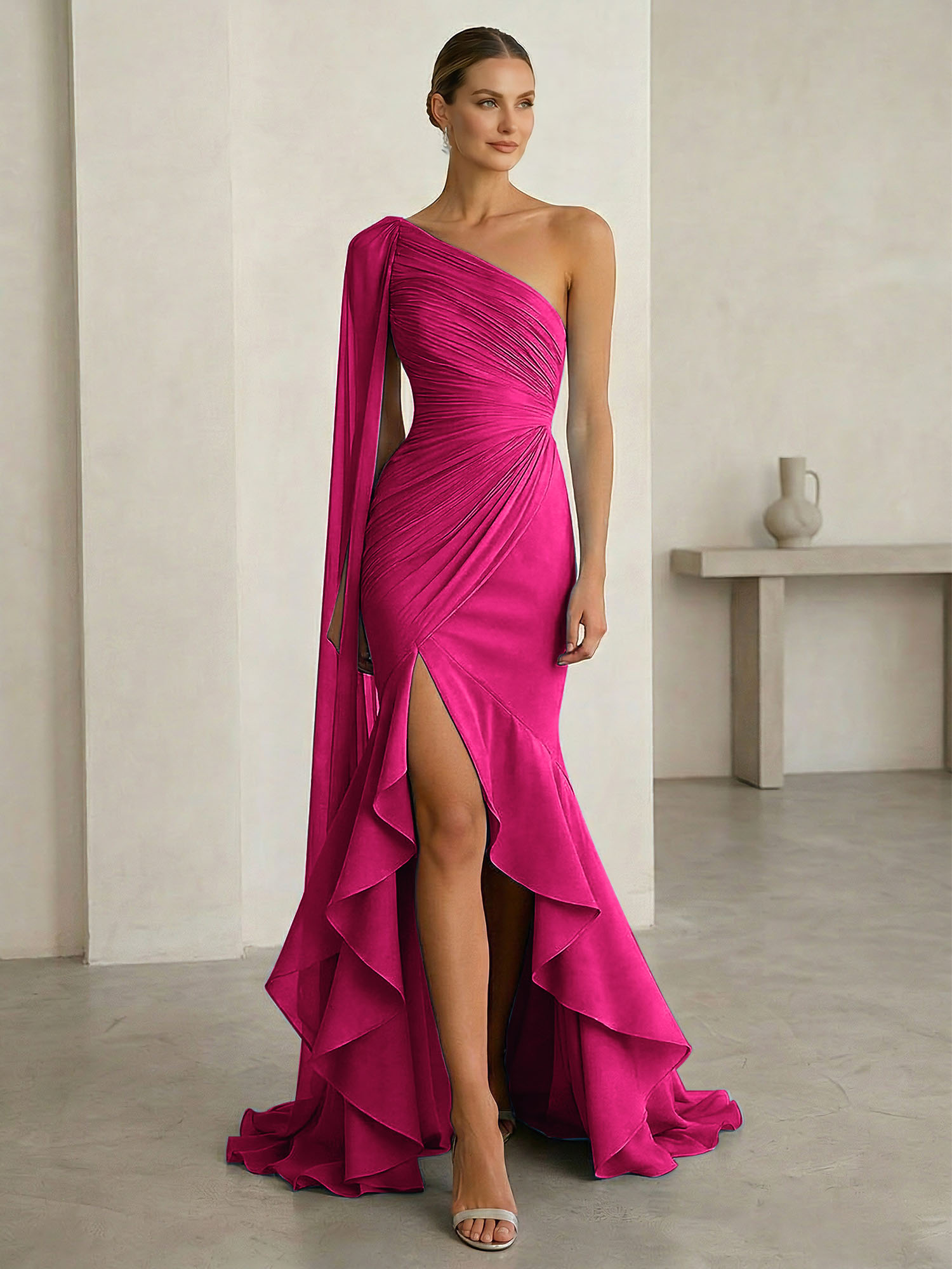 One-Shoulder Cape Sleeve Draped Mermaid Gown with Ruffle Hem