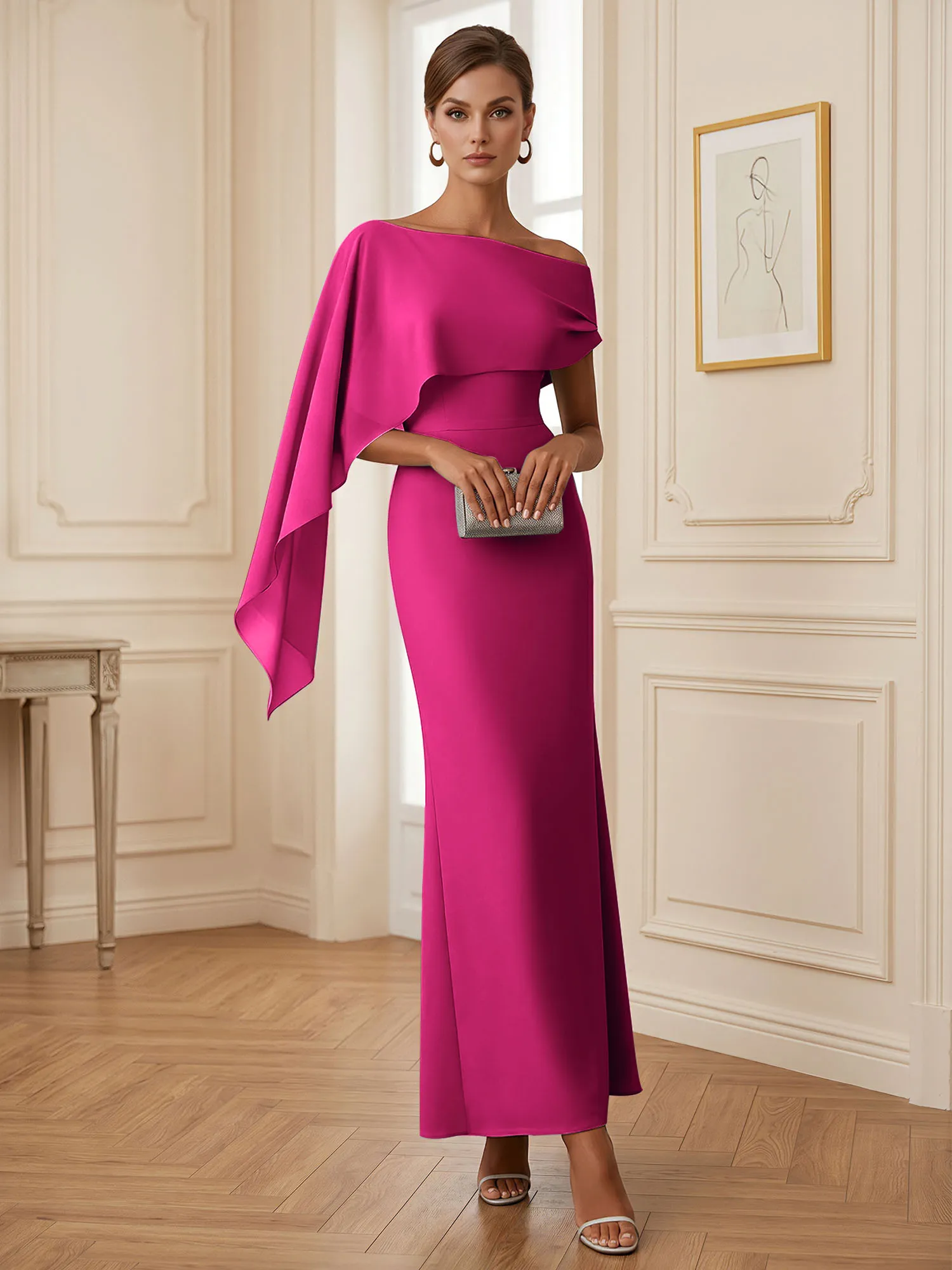 One-Shoulder Chiffon Overlay Mermaid Evening Gown