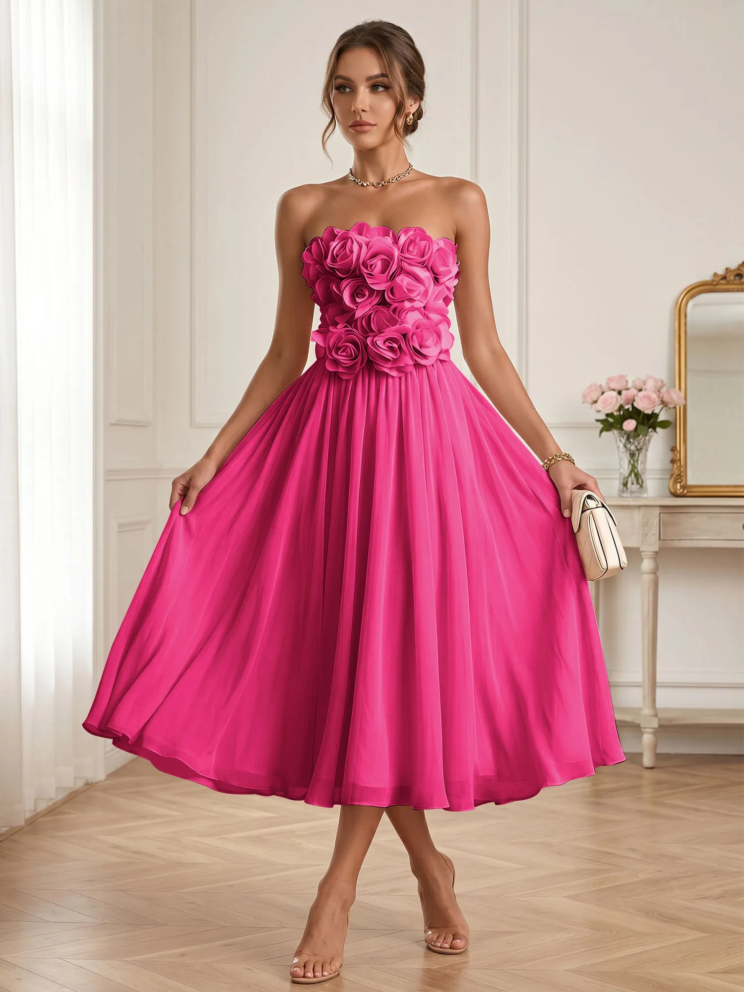 Strapless 3D Floral Chiffon A-Line Midi Formal Dress