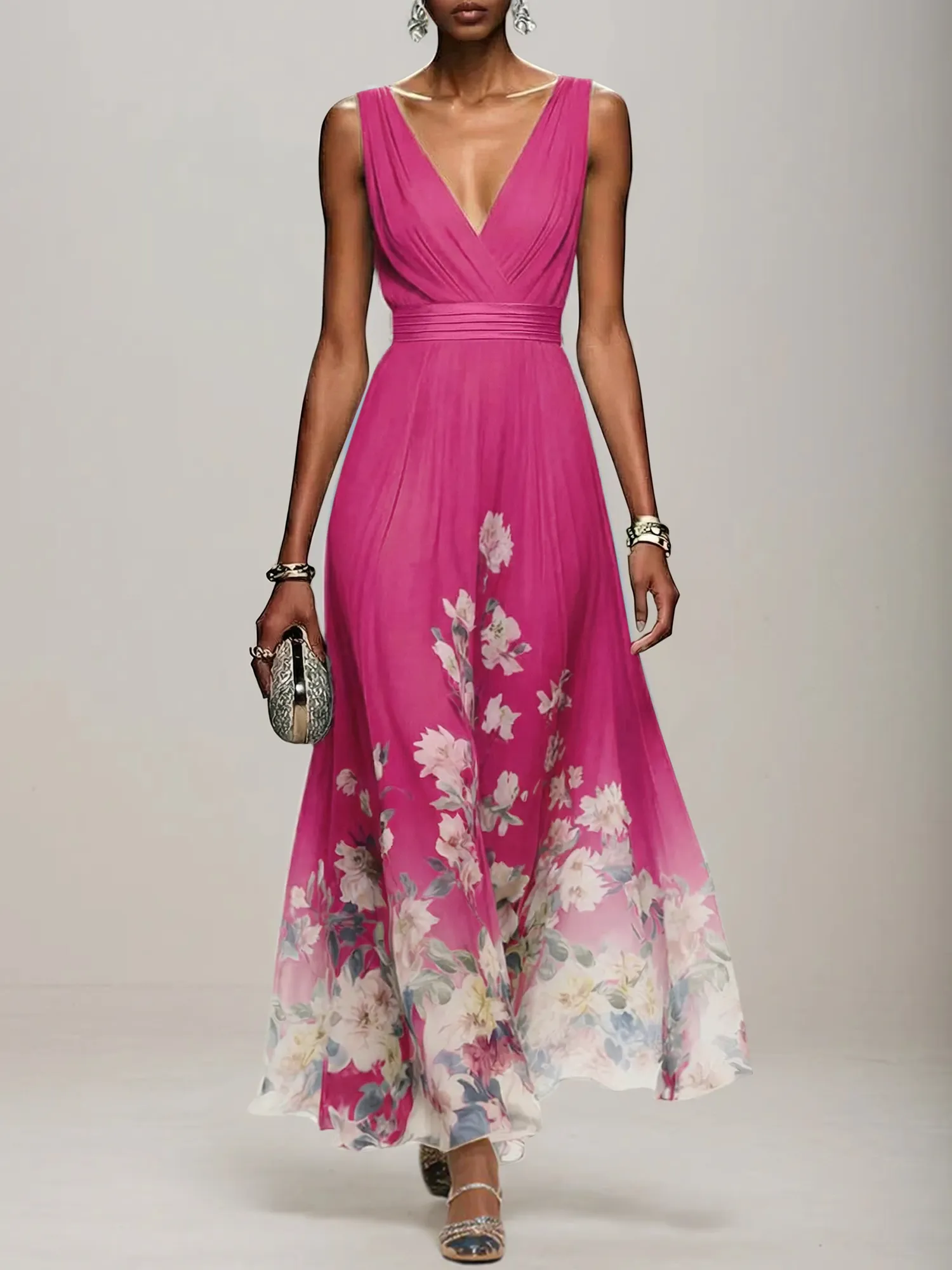 V-Neck Floral Print Chiffon Maxi Evening Dress with Satin Waist Bow