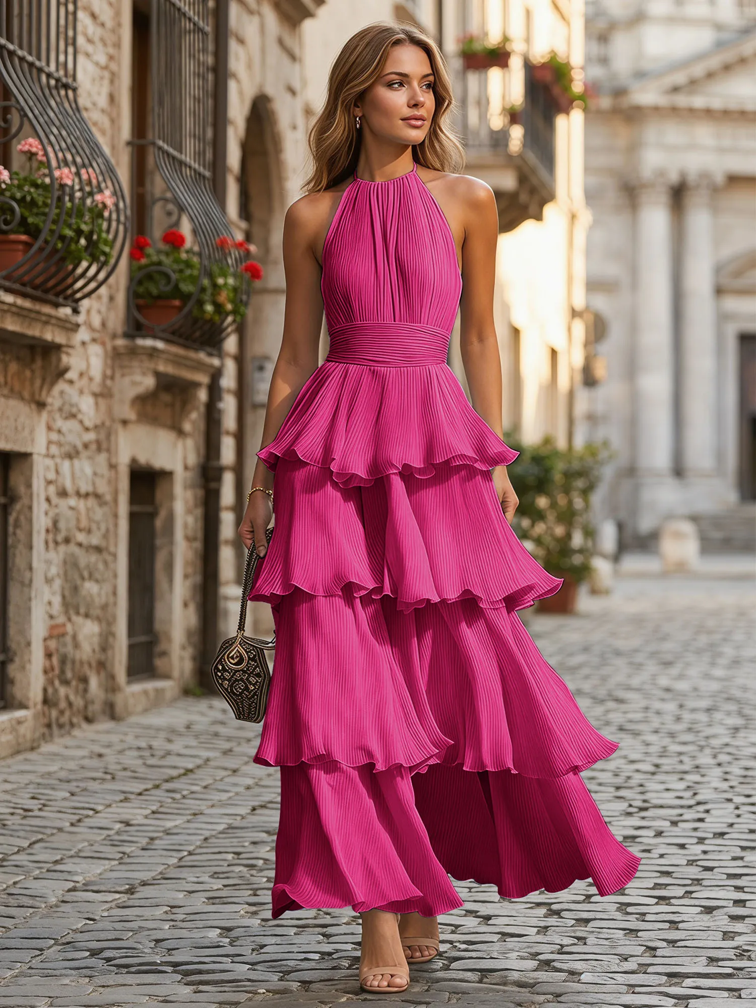 A Line Halter Neck Tiered Ruffle Chiffon Evening Dress