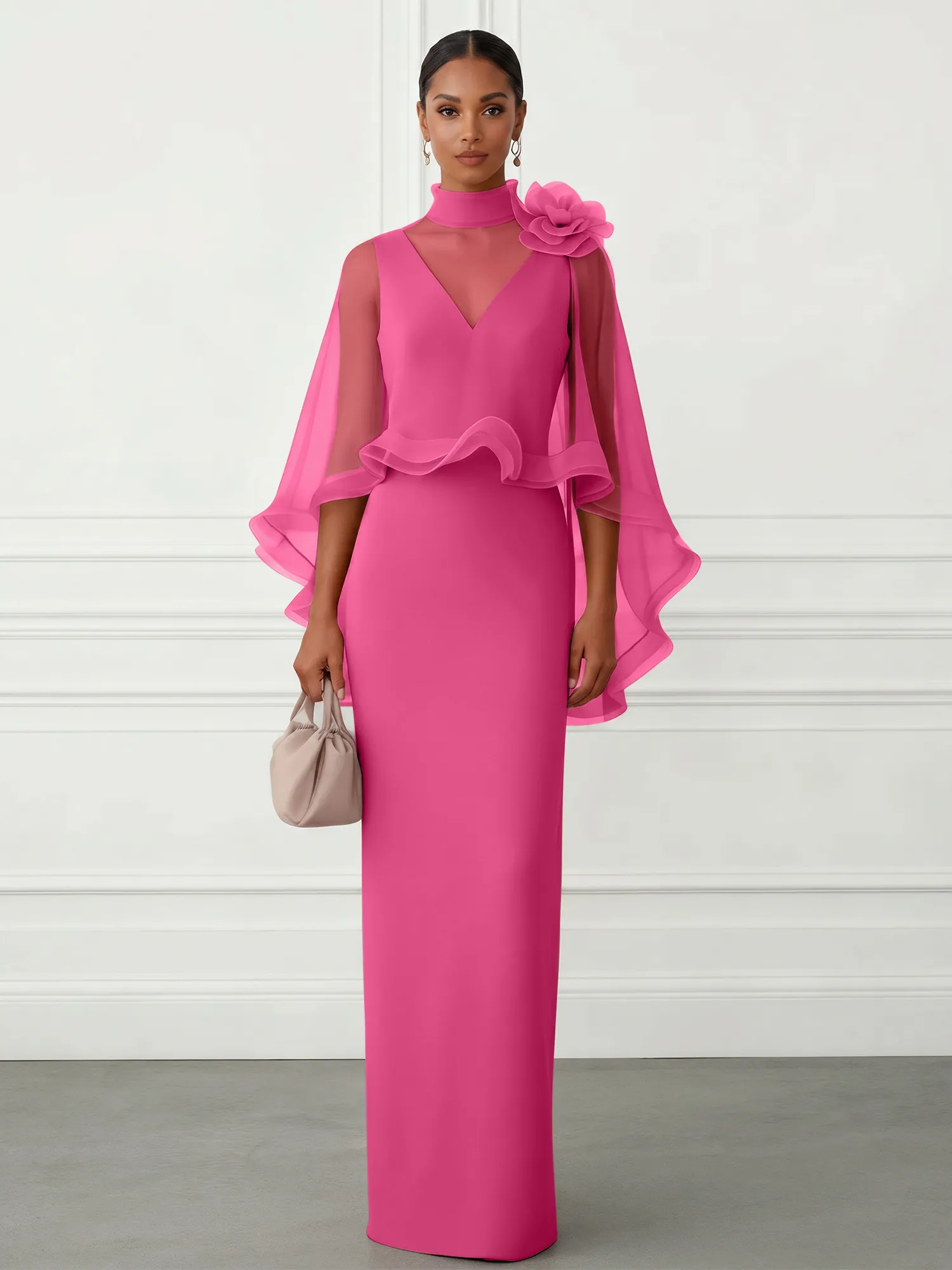 High-Neck Chiffon Cape Sleeve Sheath Evening Gown
