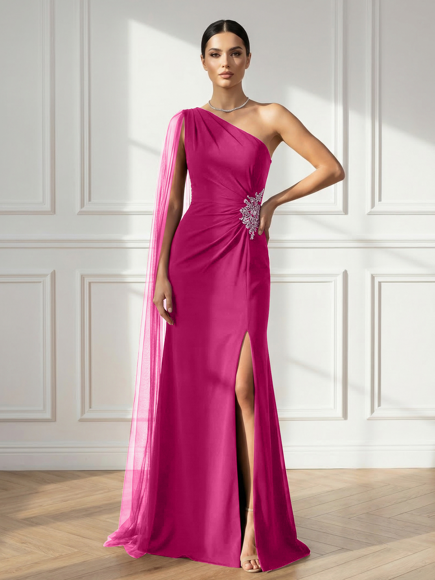 Formal Evening Dress Burgundy One Shoulder Slit Maxi Dress Gown