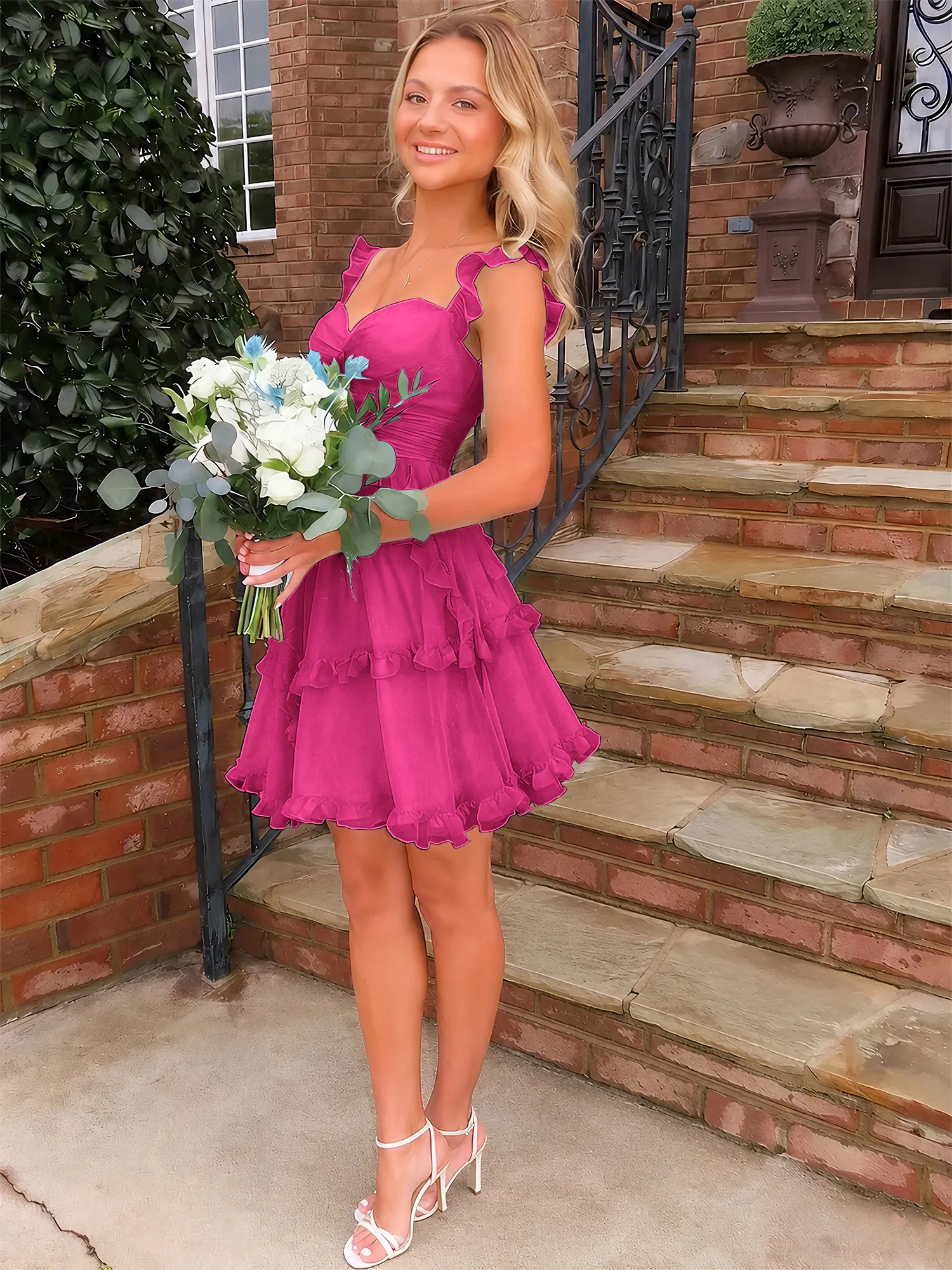 A Line Ruffled Tiered Chiffon Homecoming Dress with Lace-Up Back