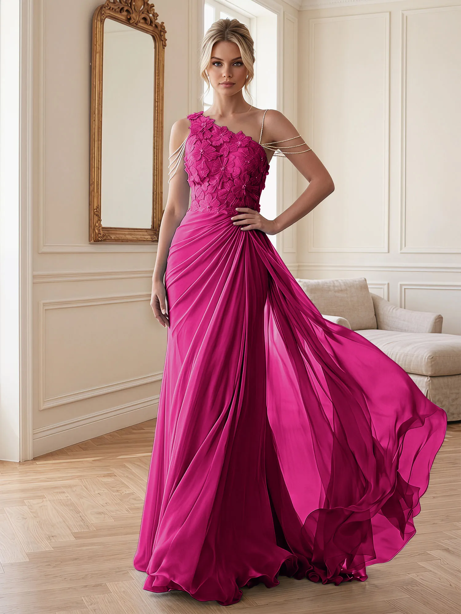 One-Shoulder Floral Lace Chiffon Evening Gown