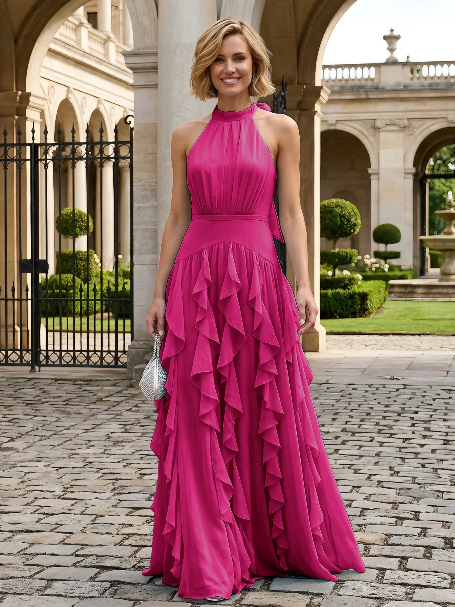 Halter Neck Ruffled Chiffon Evening Gown Maxi Dress