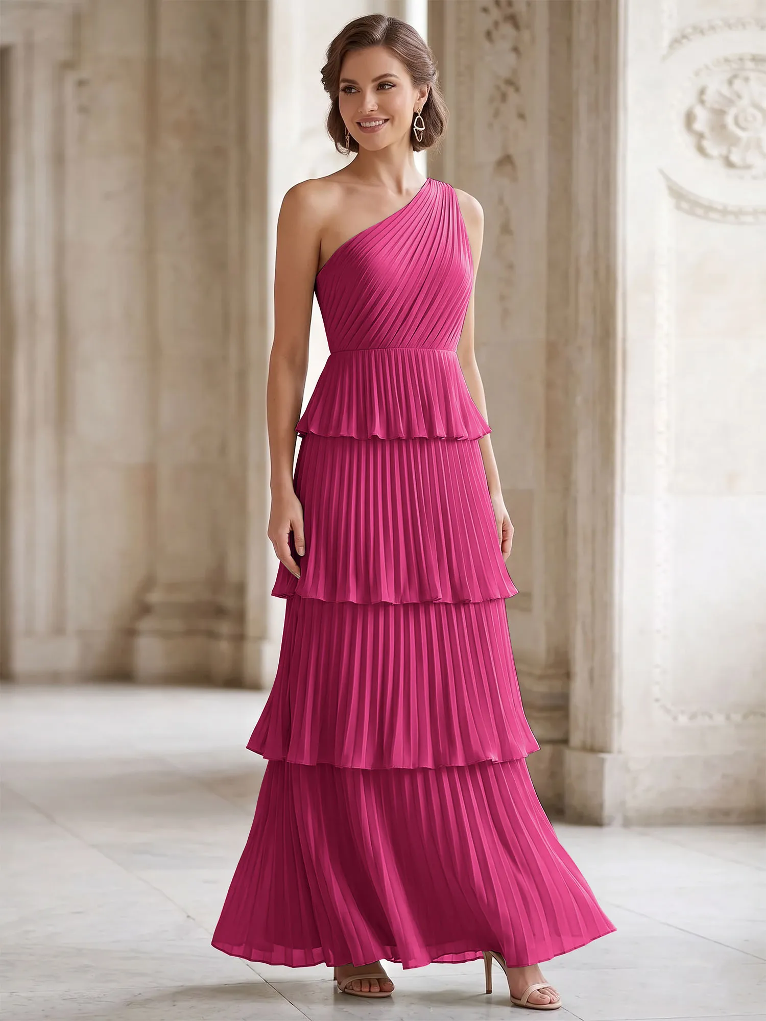 One-Shoulder Tiered Pleated Chiffon Evening Gown