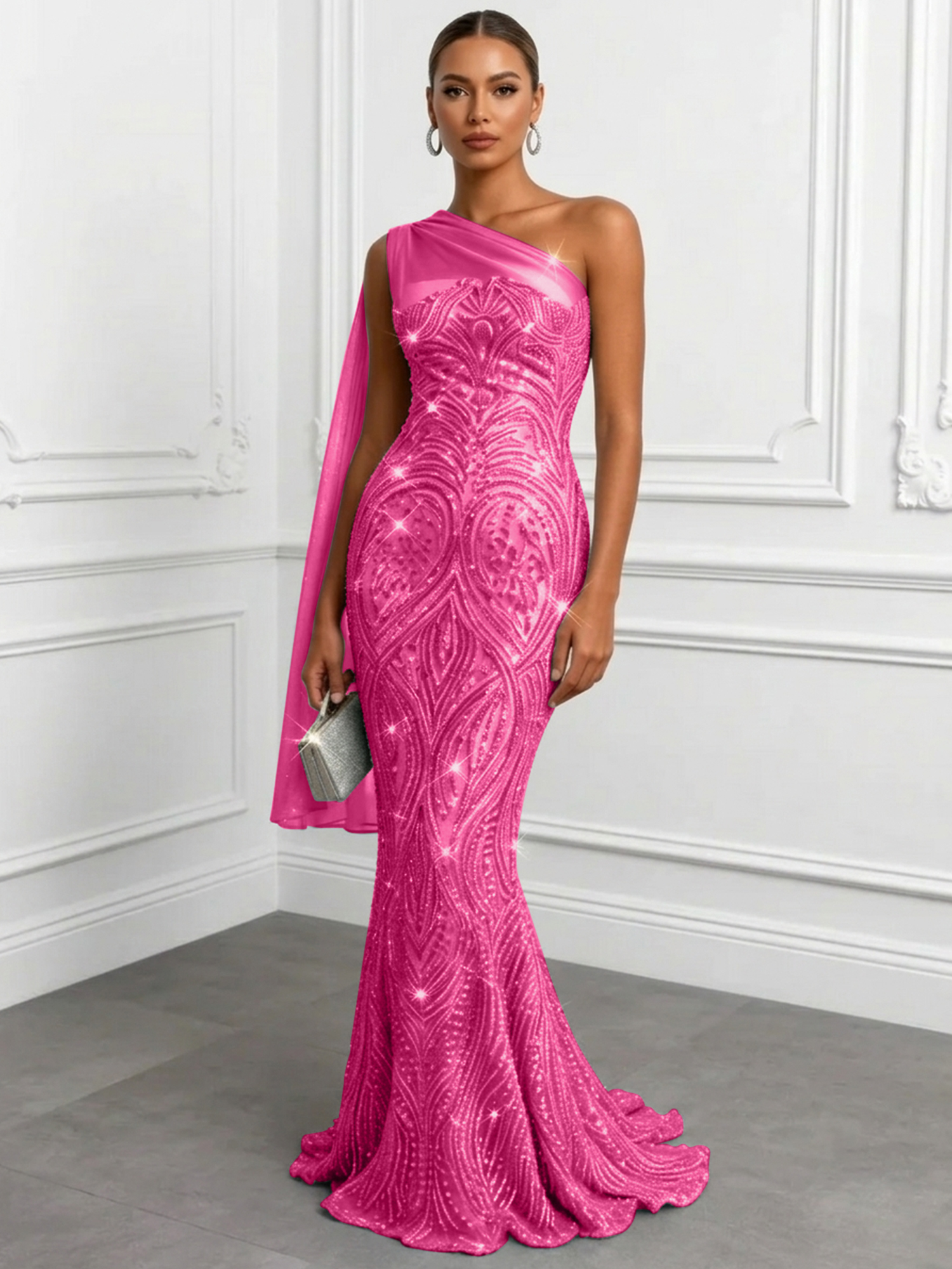 Shimmering Sage One-Shoulder Sequin Mermaid Evening Dress