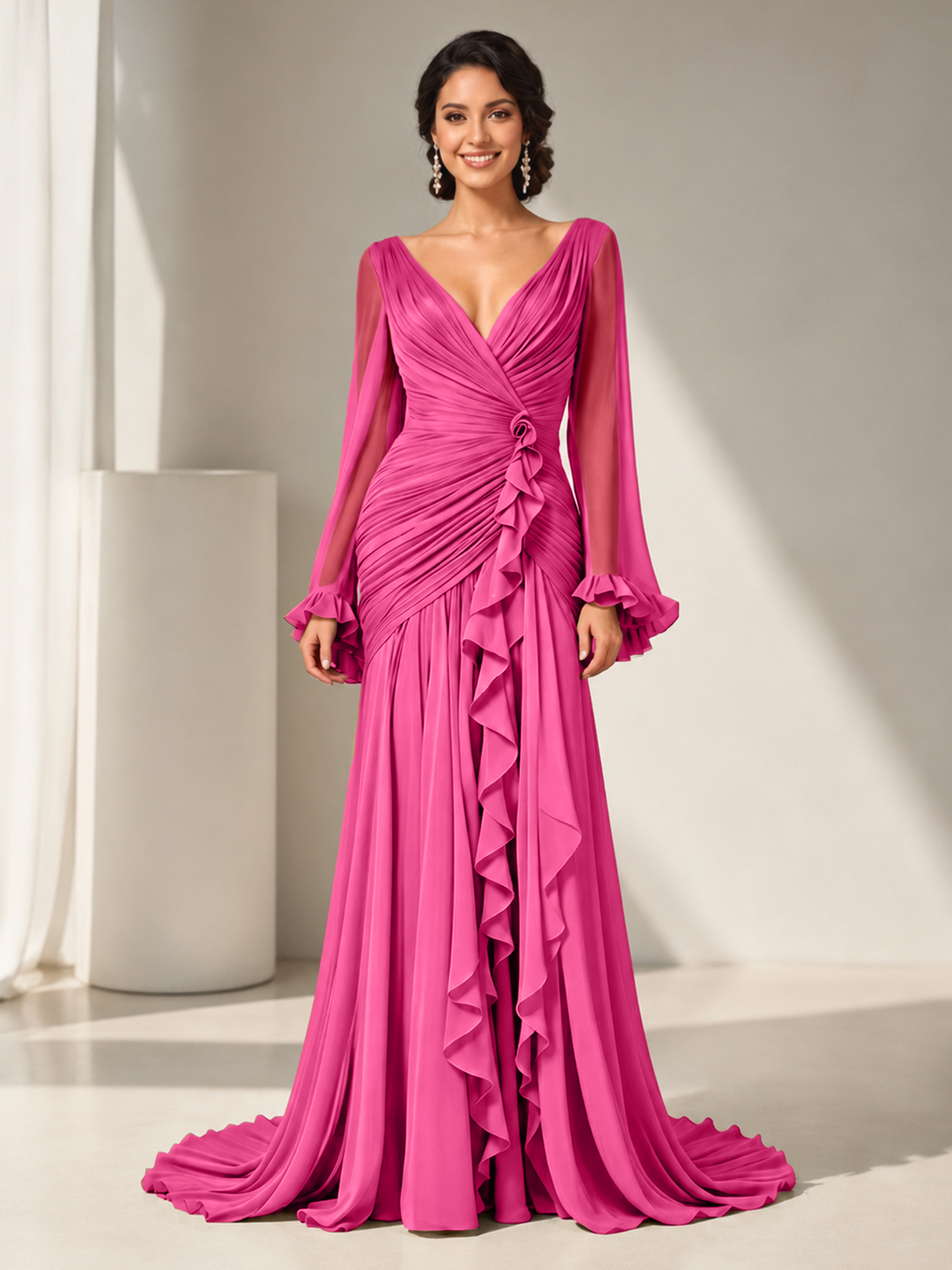 Grecian Olive Green Ruched Long-Sleeve Cascading Ruffle Formal Evening Dress