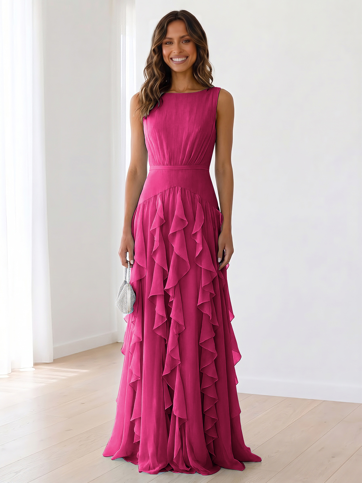 Ethereal Powder Blue Cascading Ruffle Maxi Formal Evening Dress