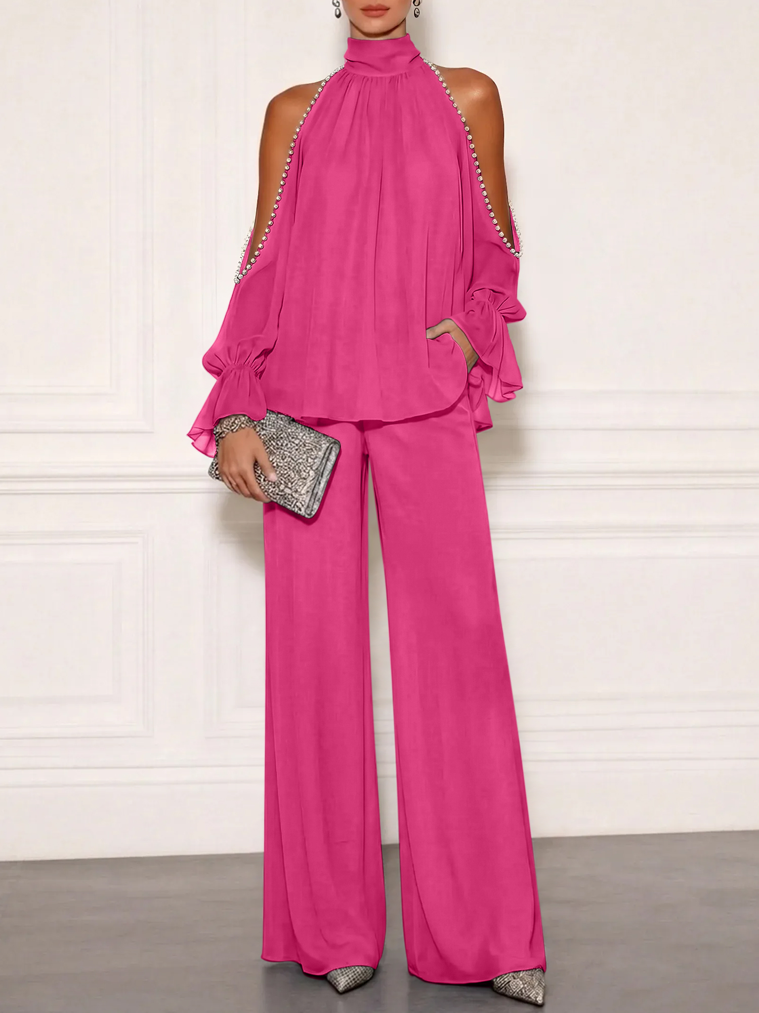 Sophisticated Embellished Cold Shoulder Formal Evening Jumpsuit