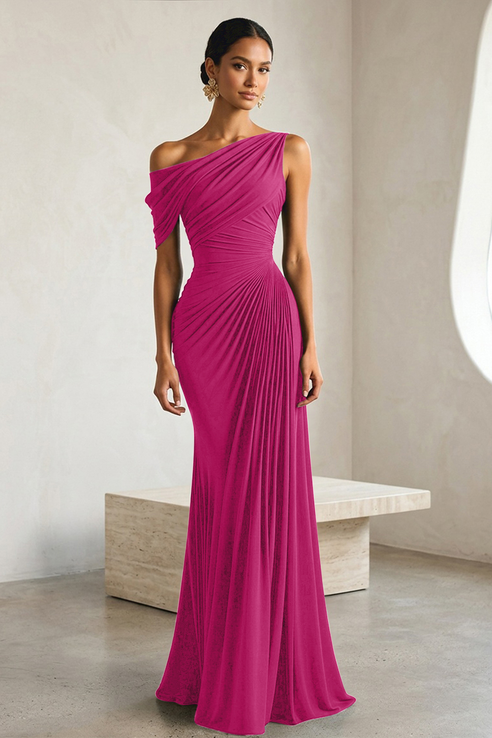 Timeless Black Architectural One-Shoulder Sheath Evening Gown