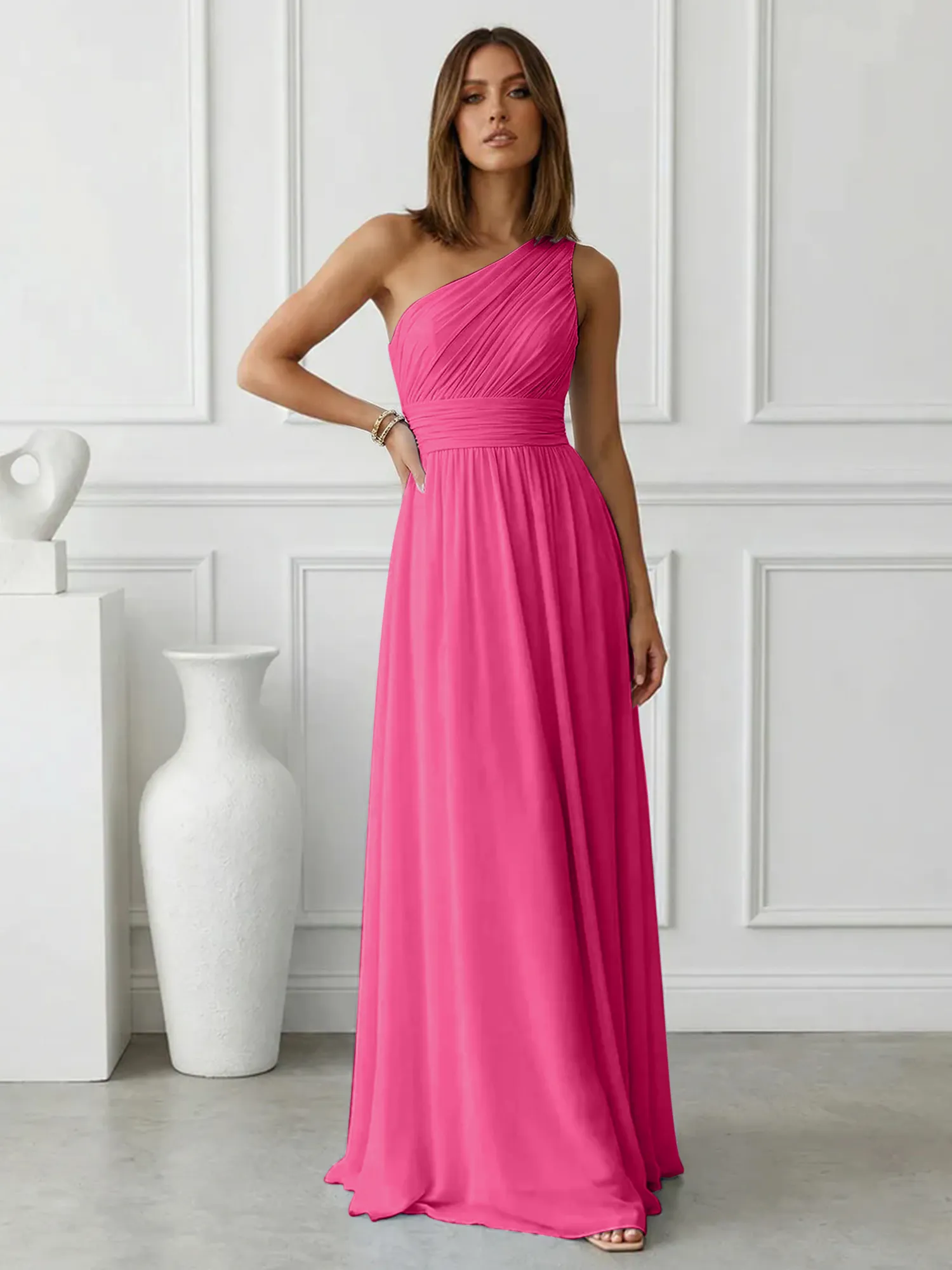 One-Shoulder Pleated Chiffon A-Line Evening Dress