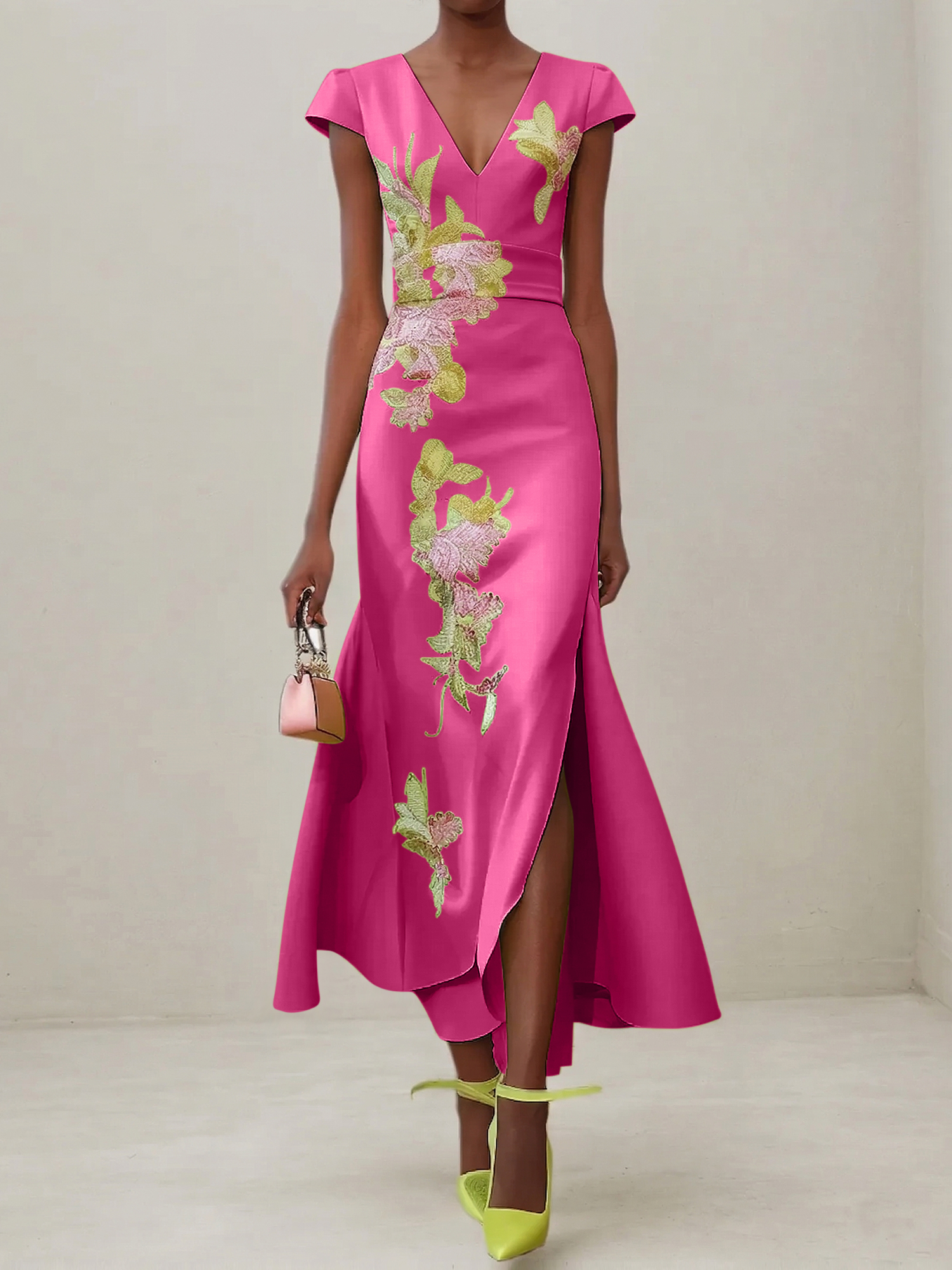 Elegant V-Neck Cap Sleeve Satin Midi Gown with Floral Embroidery & High Slit