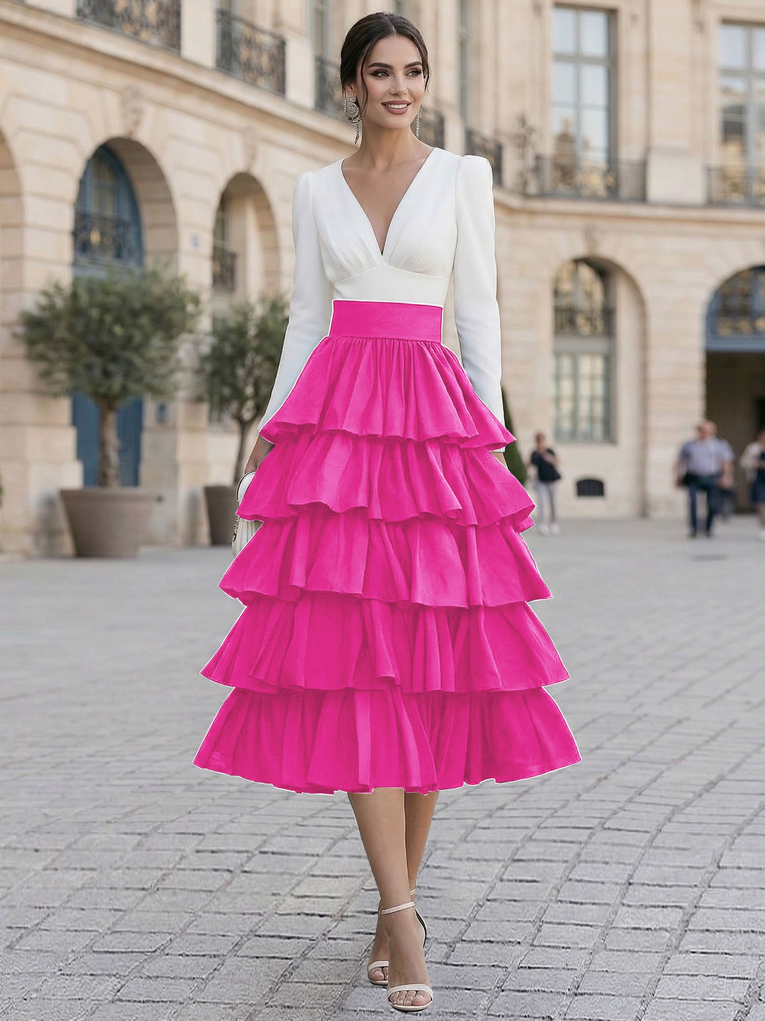 Elegant V-Neck Long Sleeve Tiered Ruffle Midi Dress with Contrast Waistband