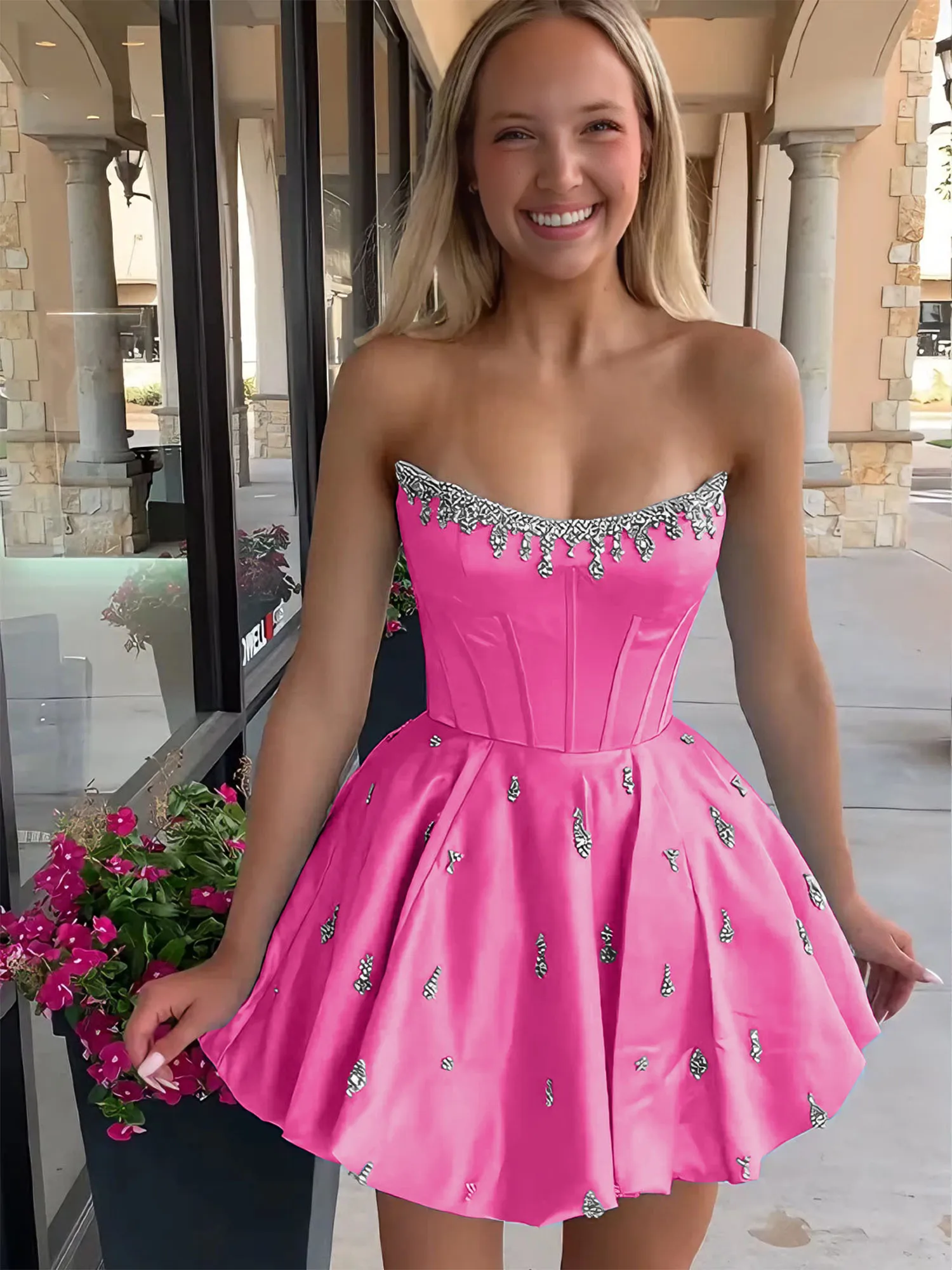 Strapless Beaded Corset Lace-Up Back Satin Homecoming Dress